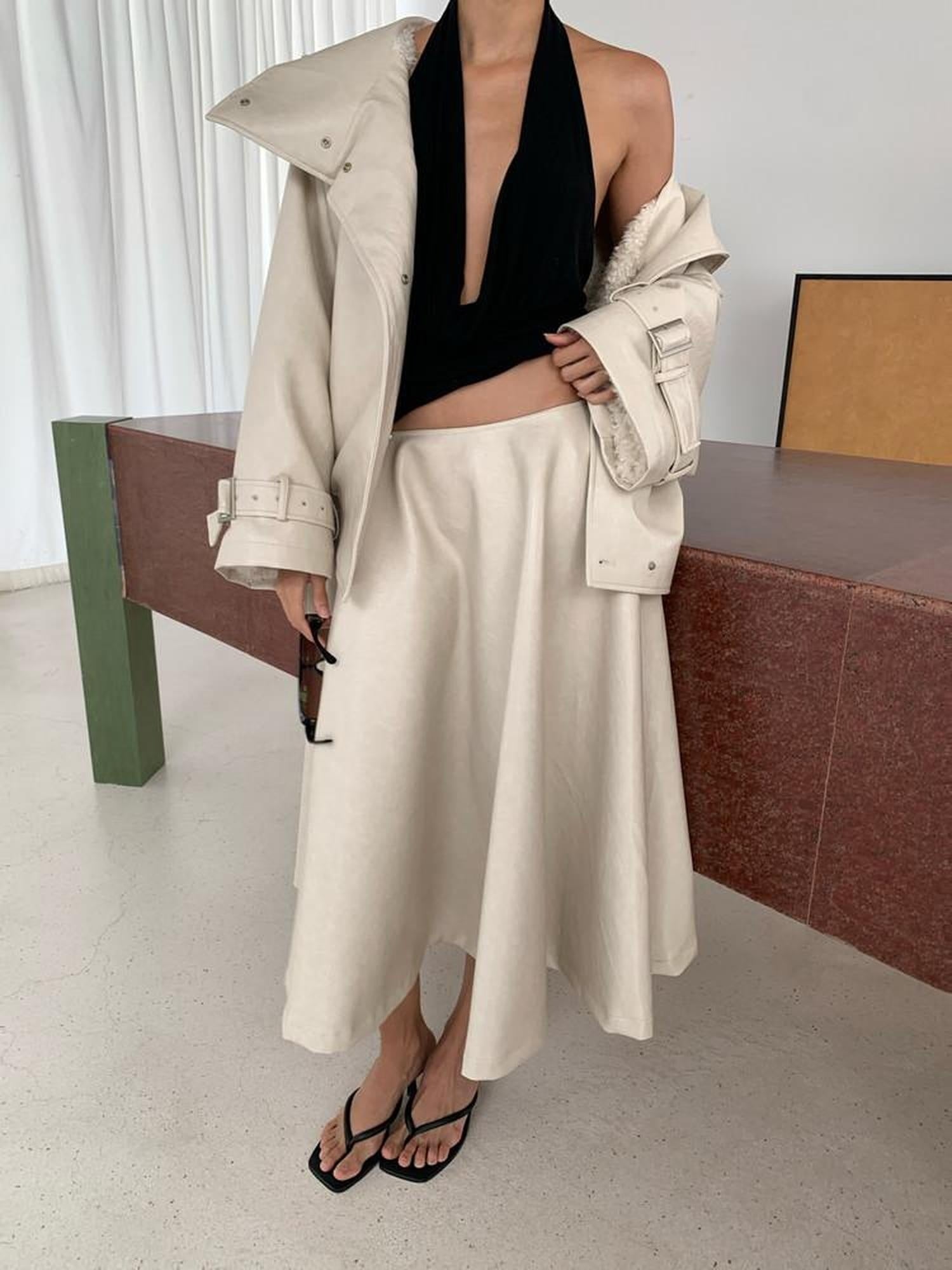BUZHOU Chic Pu Low Waist A Line Cleanfit Beige City Commuting Ladies Maxi Skirts