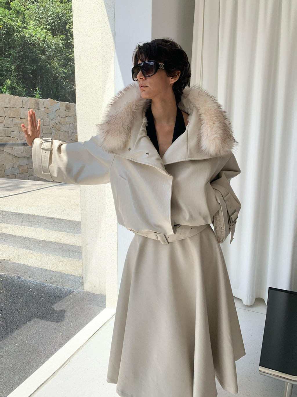 BUZHOU Chic Pu Low Waist A Line Cleanfit Beige City Commuting Ladies Maxi Skirts