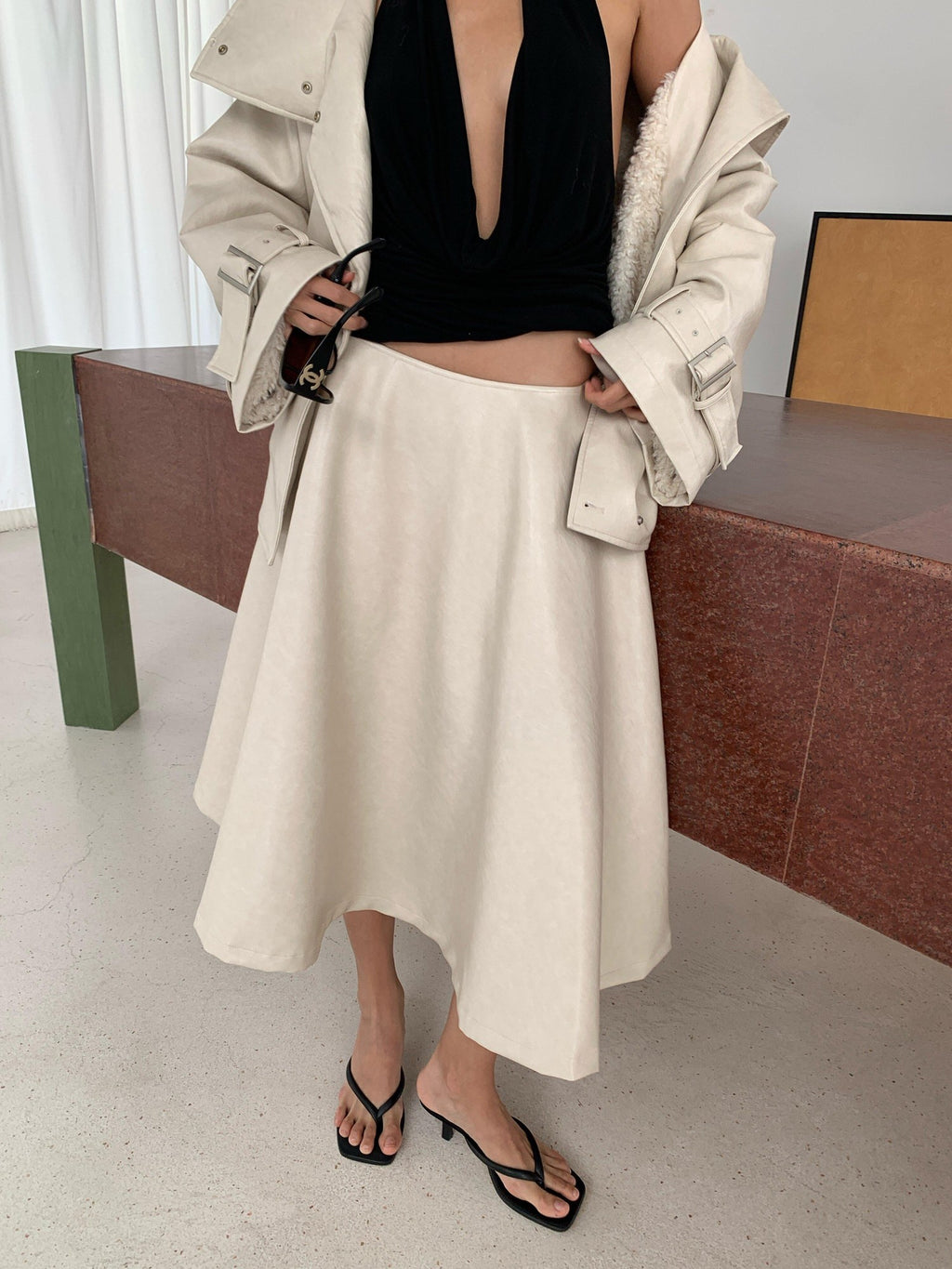 BUZHOU Chic Pu Low Waist A Line Cleanfit Beige City Commuting Ladies Maxi Skirts