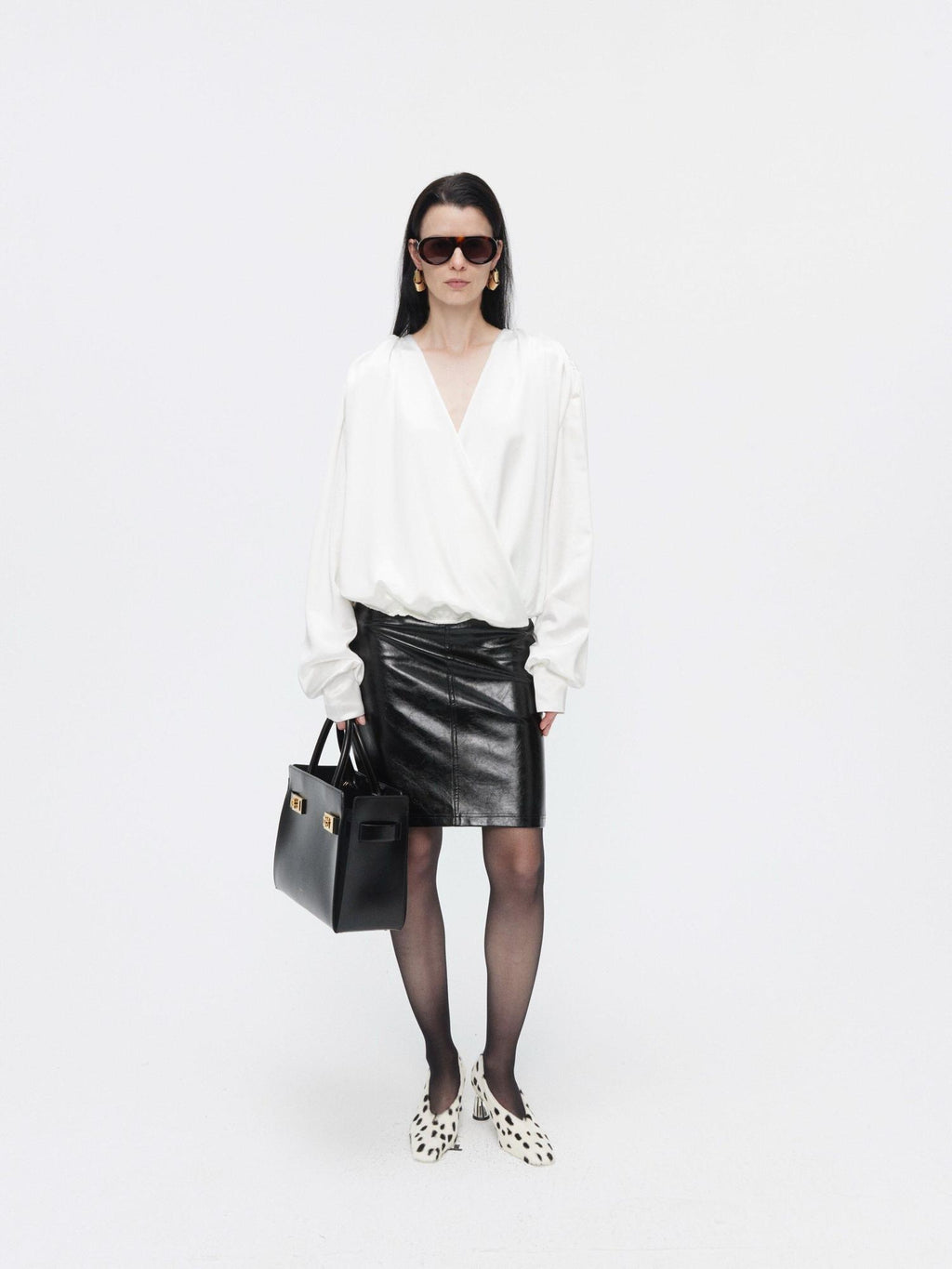 BUZHOU Cooling Acetate Minimalist Loose V-neck Elastic Cuff Women Long Sleeve Blouses