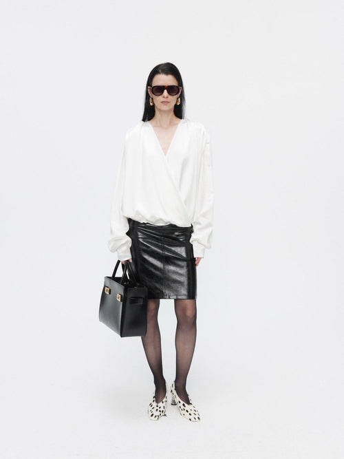 BUZHOU Cooling Acetate Minimalist Loose V-neck Elastic Cuff Women Long Sleeve Blouses