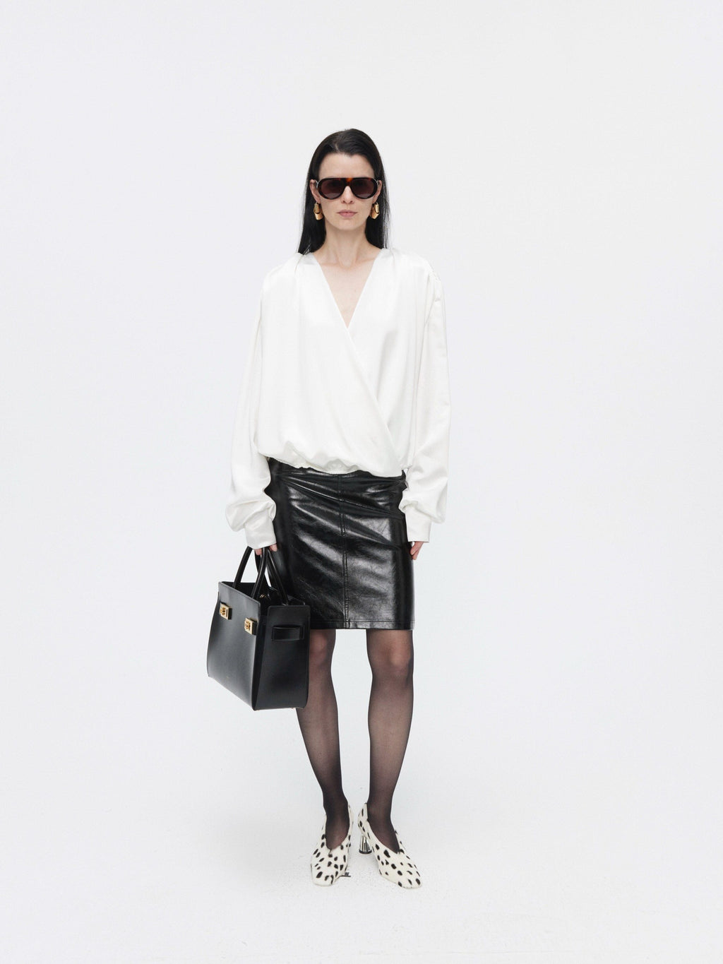 BUZHOU Cooling Acetate Minimalist Loose V-neck Elastic Cuff Women Long Sleeve Blouses