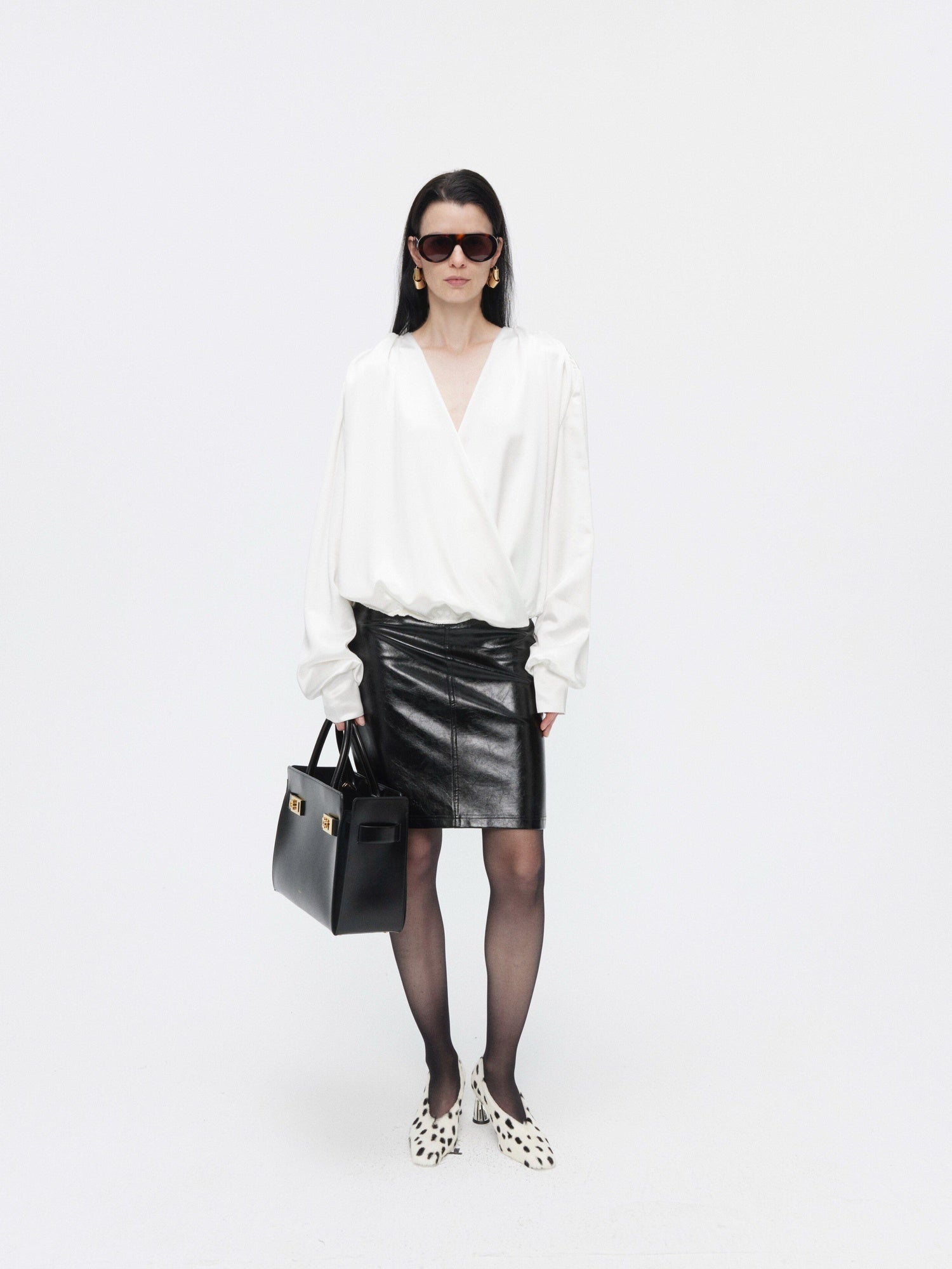 BUZHOU Cooling Acetate Minimalist Loose V-neck Elastic Cuff Women Long Sleeve Blouses
