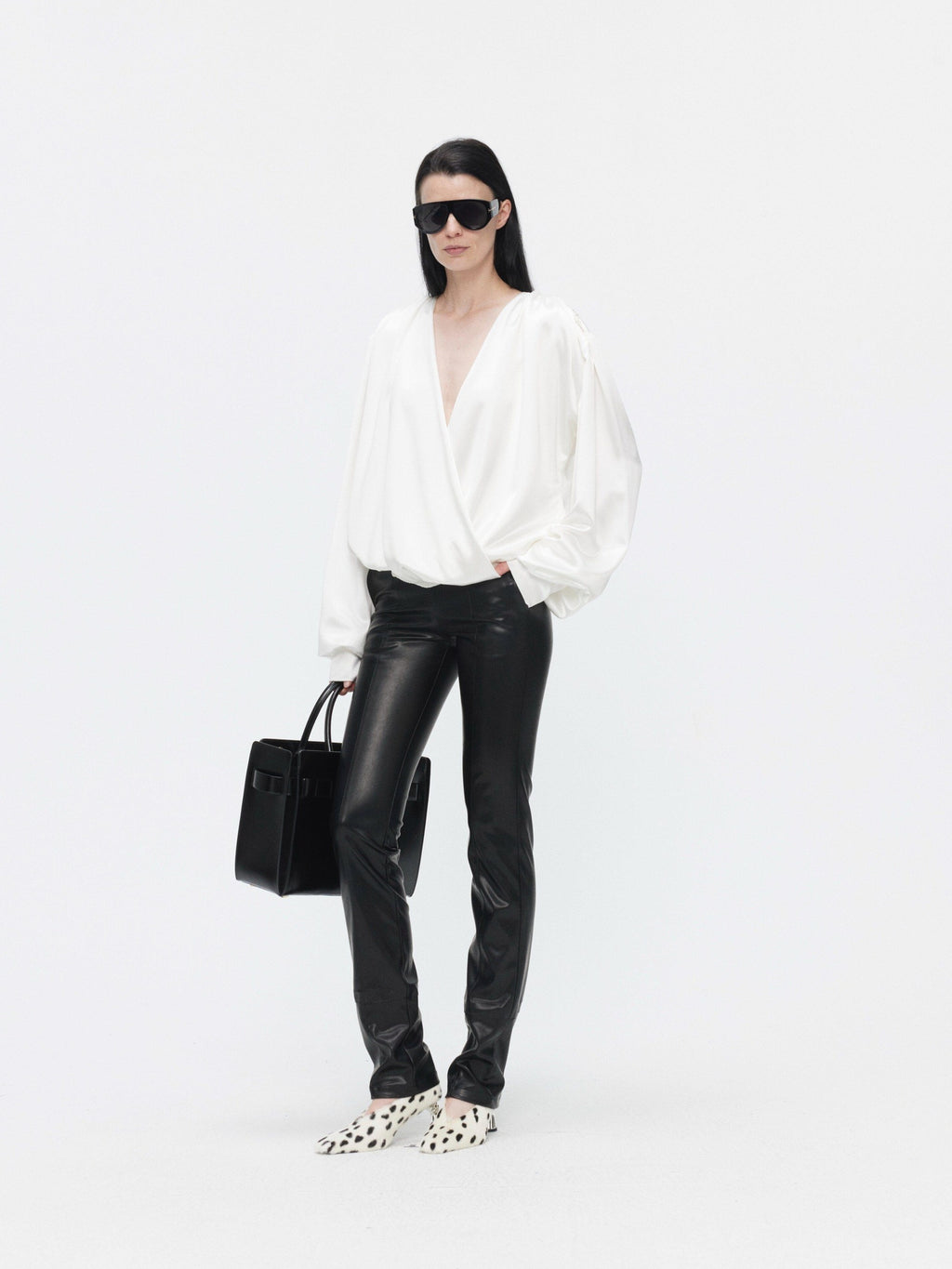 BUZHOU Cooling Acetate Minimalist Loose V-neck Elastic Cuff Women Long Sleeve Blouses