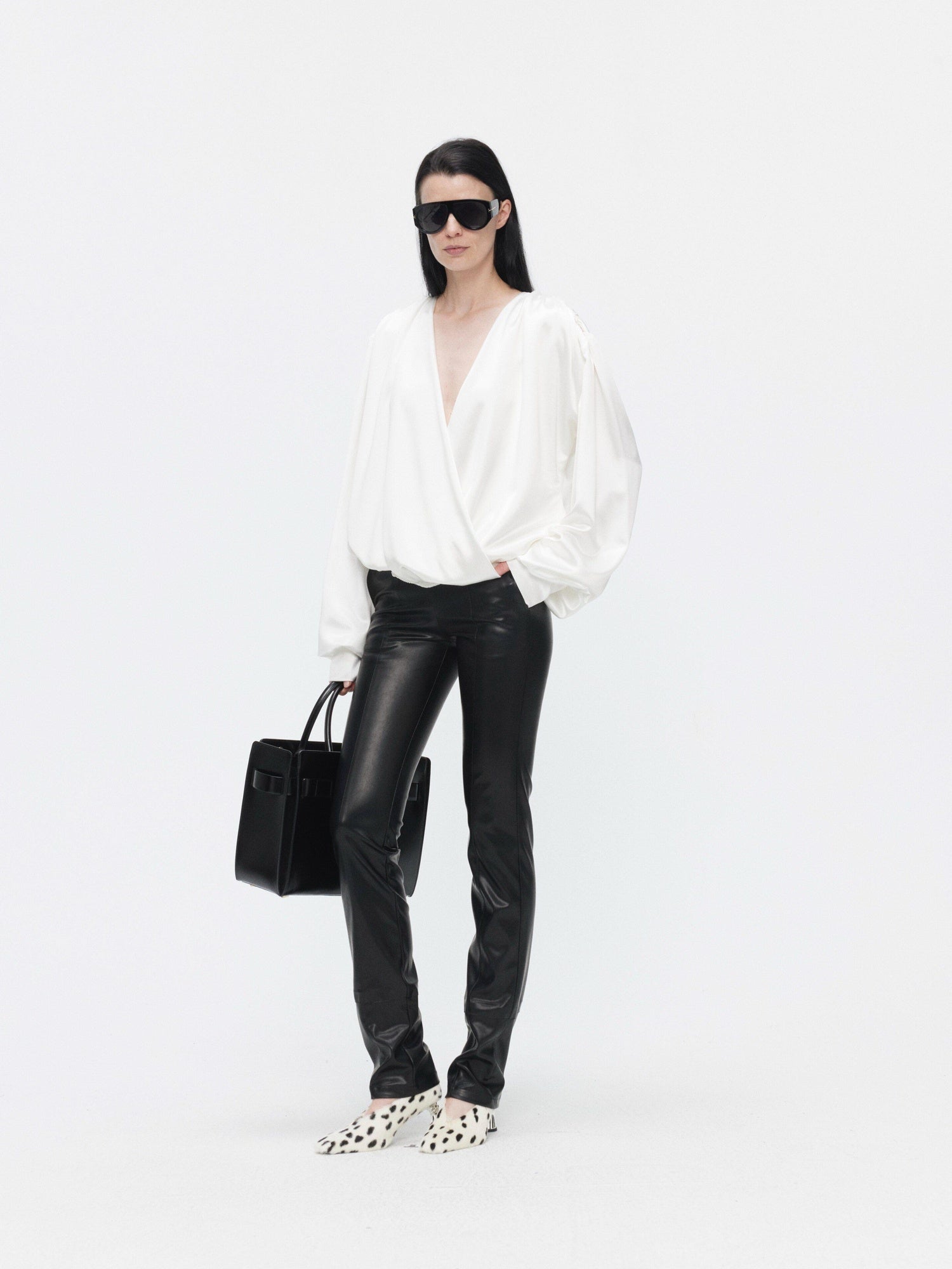 BUZHOU Cooling Acetate Minimalist Loose V-neck Elastic Cuff Women Long Sleeve Blouses