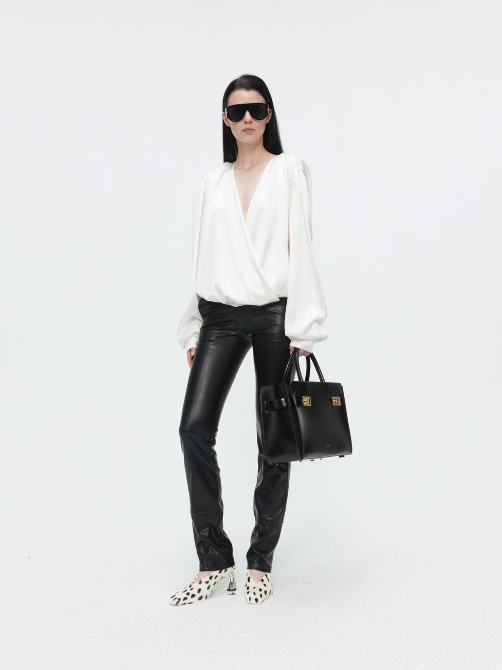 BUZHOU Cooling Acetate Minimalist Loose V-neck Elastic Cuff Women Long Sleeve Blouses