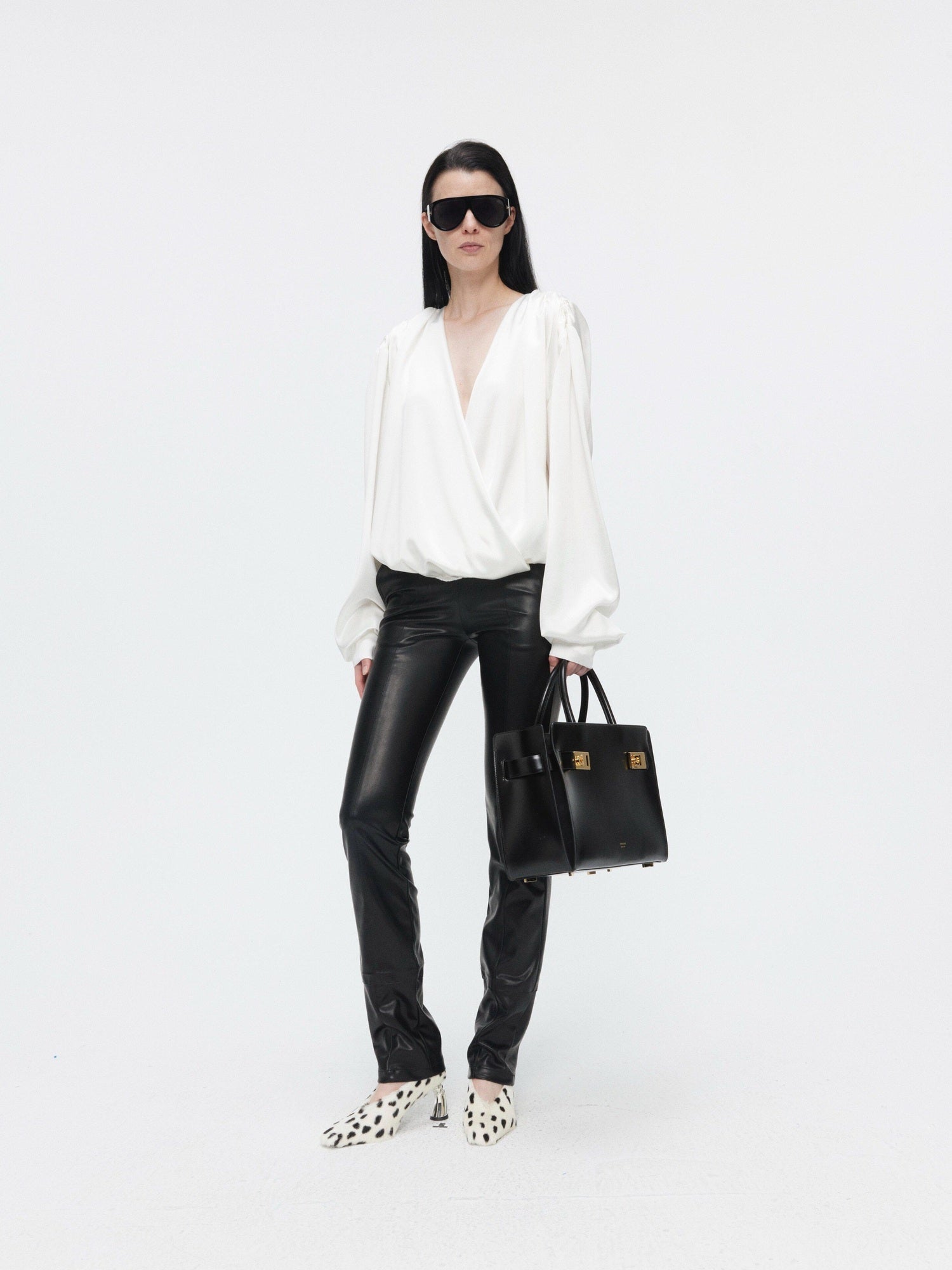 BUZHOU Cooling Acetate Minimalist Loose V-neck Elastic Cuff Women Long Sleeve Blouses