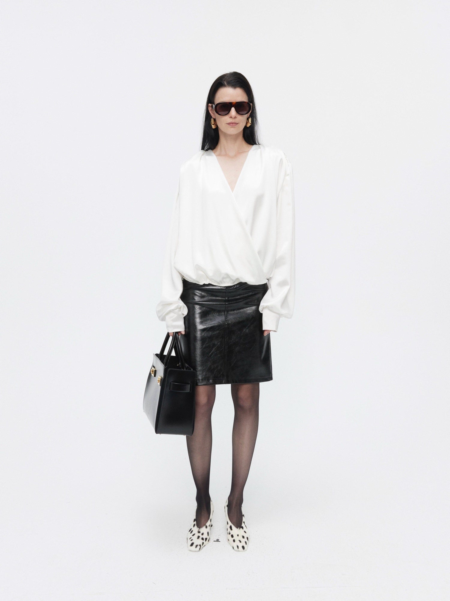 BUZHOU Cooling Acetate Minimalist Loose V-neck Elastic Cuff Women Long Sleeve Blouses