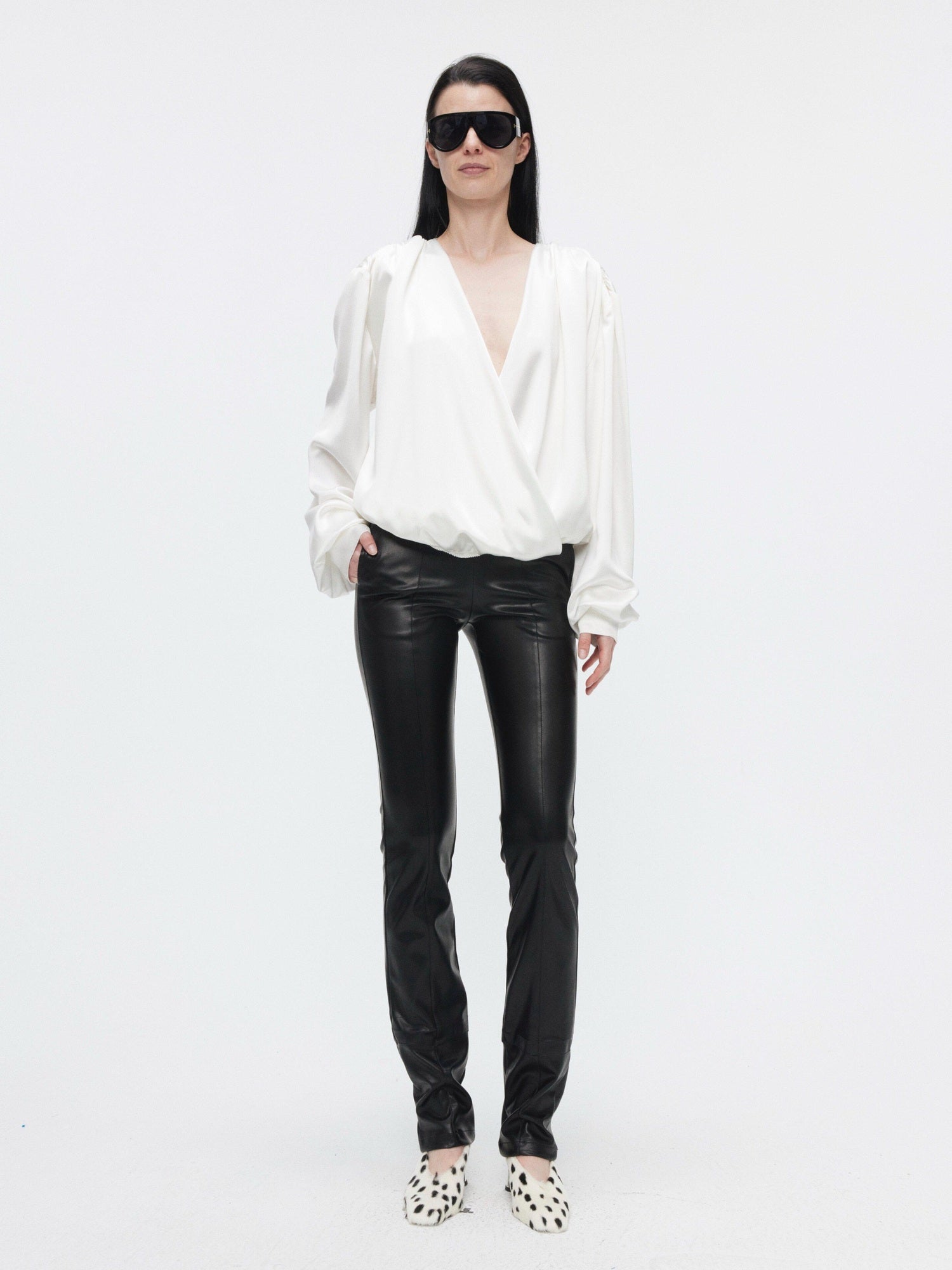 BUZHOU Cooling Acetate Minimalist Loose V-neck Elastic Cuff Women Long Sleeve Blouses