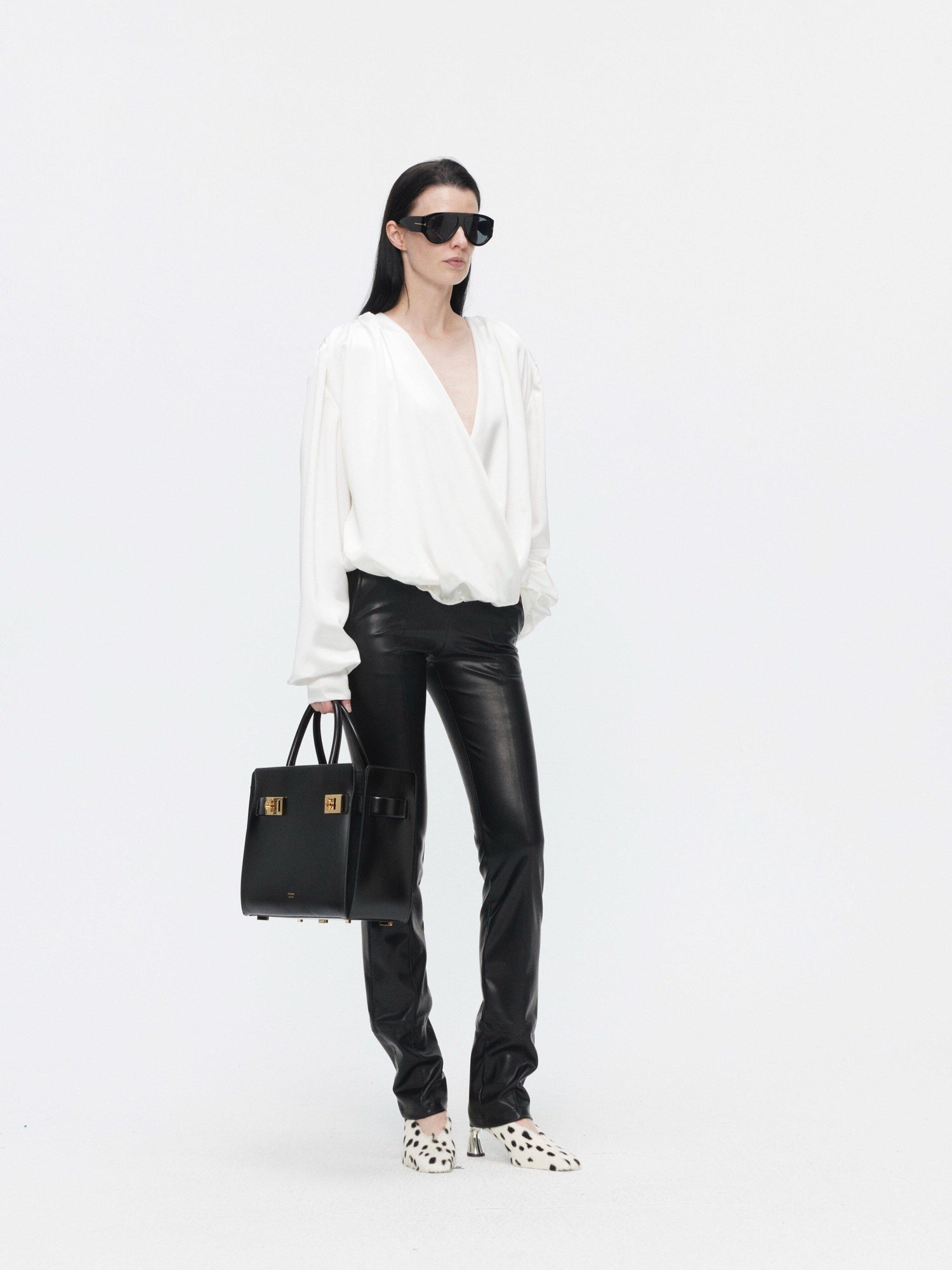 BUZHOU Cooling Acetate Minimalist Loose V-neck Elastic Cuff Women Long Sleeve Blouses