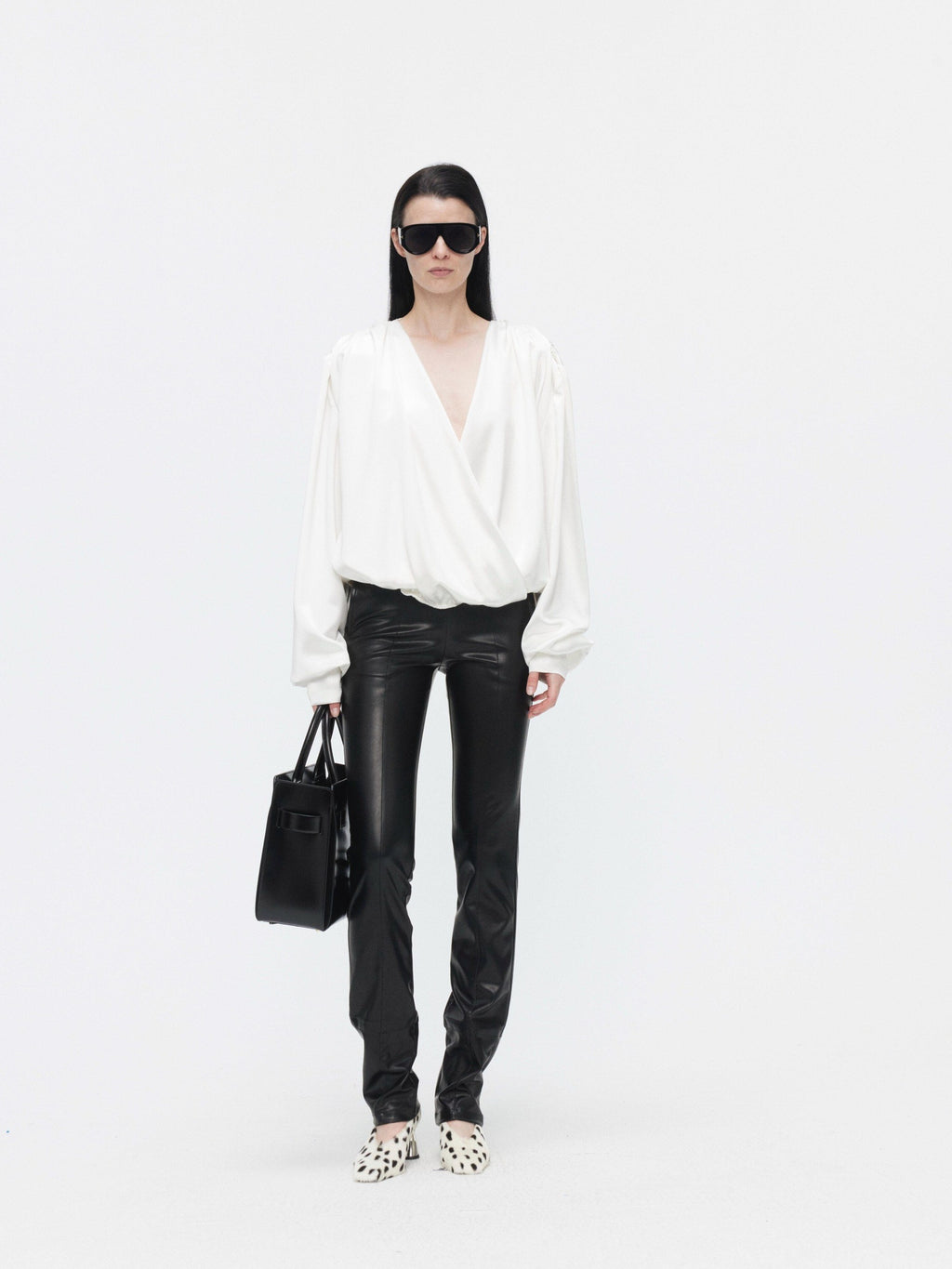 BUZHOU Cooling Acetate Minimalist Loose V-neck Elastic Cuff Women Long Sleeve Blouses