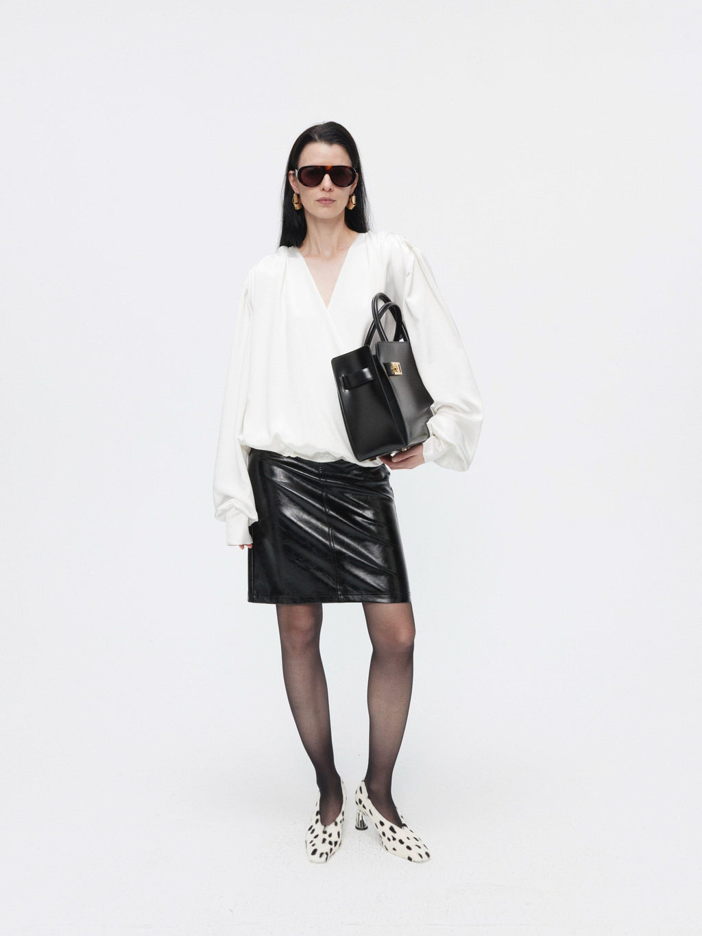 BUZHOU Cooling Acetate Minimalist Loose V-neck Elastic Cuff Women Long Sleeve Blouses