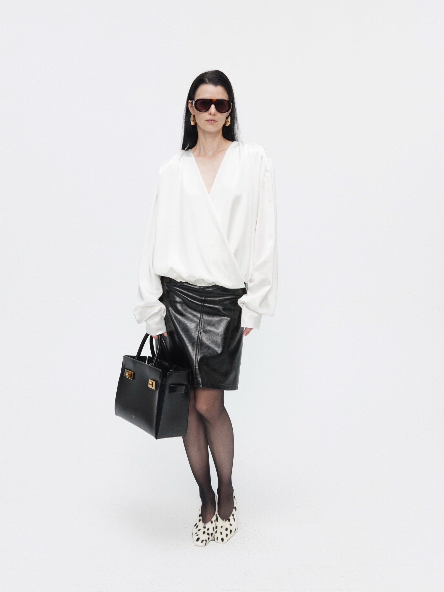 BUZHOU Cooling Acetate Minimalist Loose V-neck Elastic Cuff Women Long Sleeve Blouses
