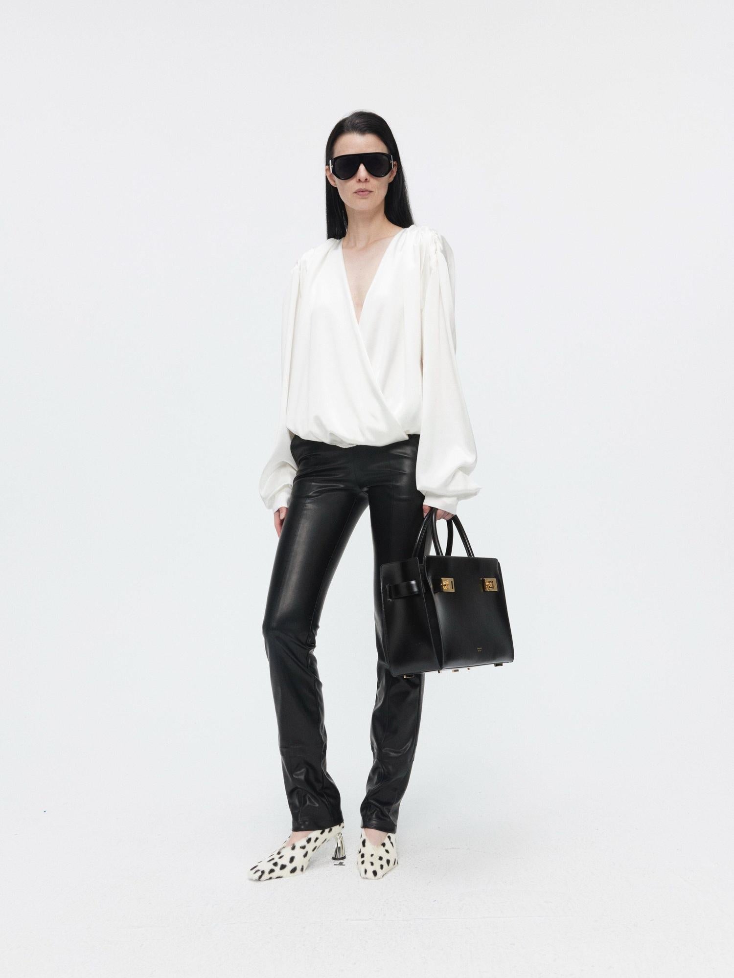 BUZHOU Cooling Acetate Minimalist Loose V-neck Elastic Cuff Women Long Sleeve Blouses