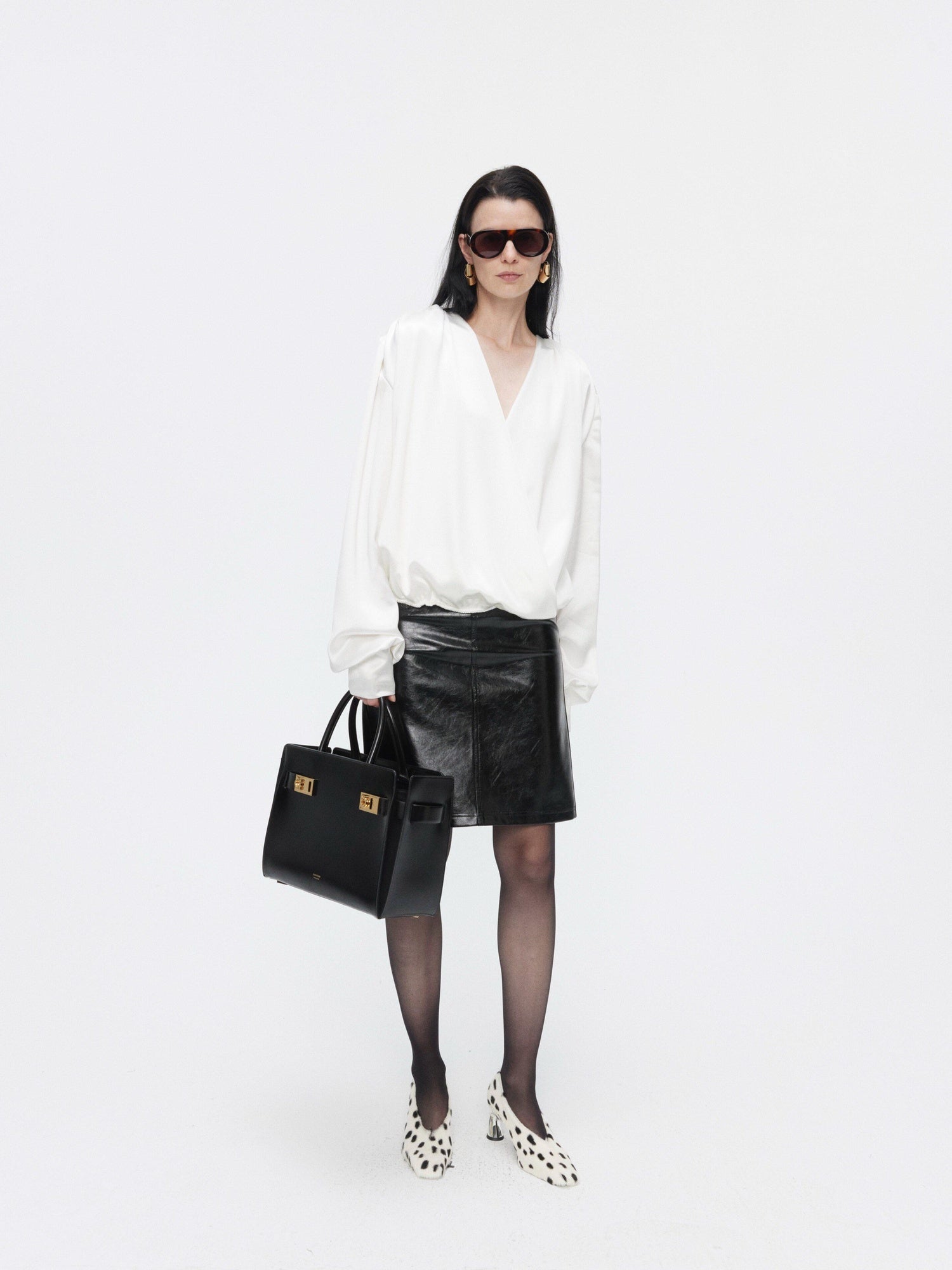 BUZHOU Cooling Acetate Minimalist Loose V-neck Elastic Cuff Women Long Sleeve Blouses