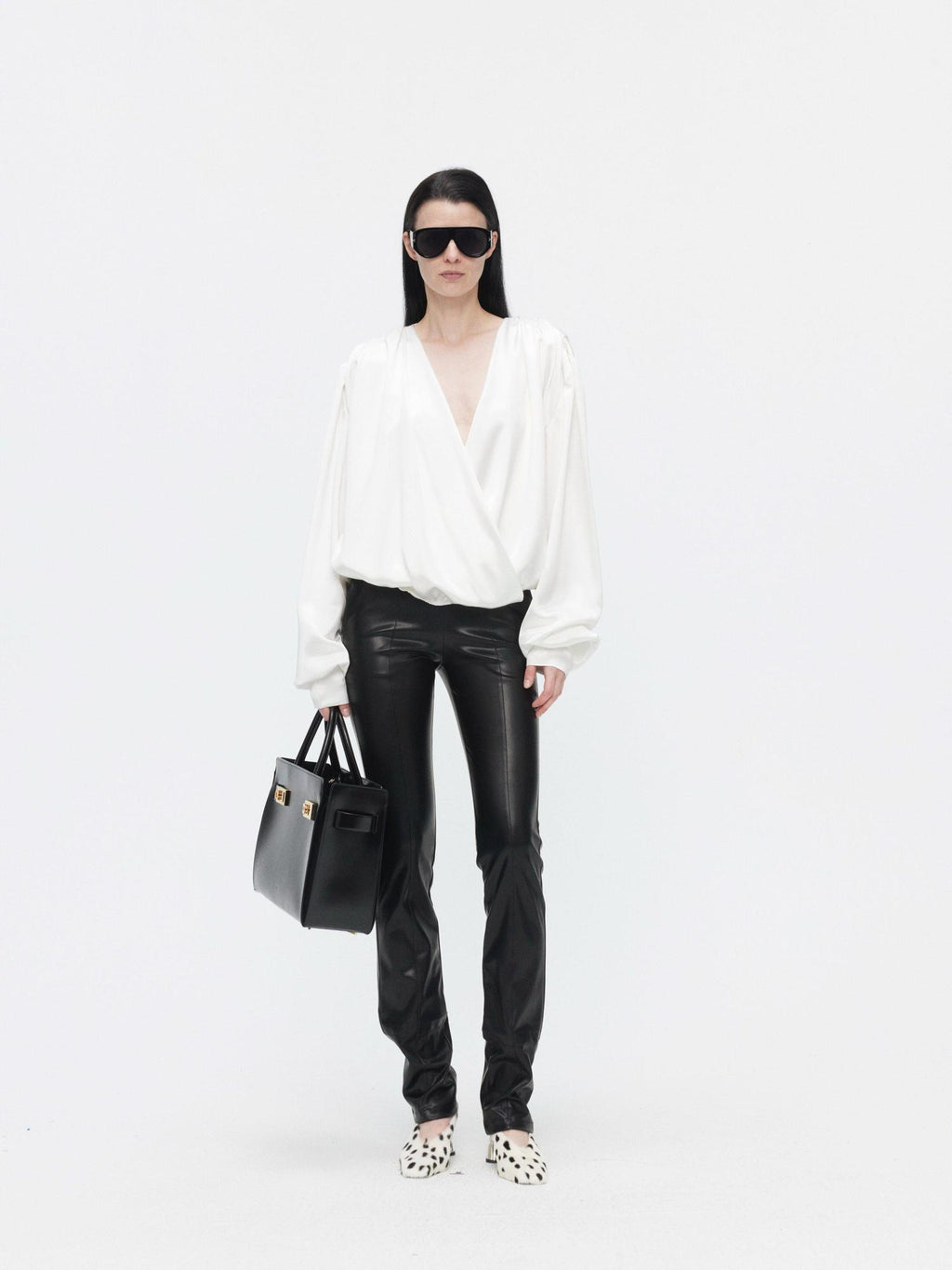 BUZHOU Cooling Acetate Minimalist Loose V-neck Elastic Cuff Women Long Sleeve Blouses