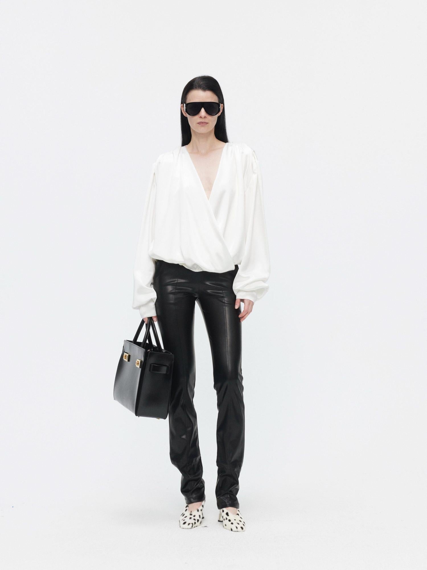 BUZHOU Cooling Acetate Minimalist Loose V-neck Elastic Cuff Women Long Sleeve Blouses