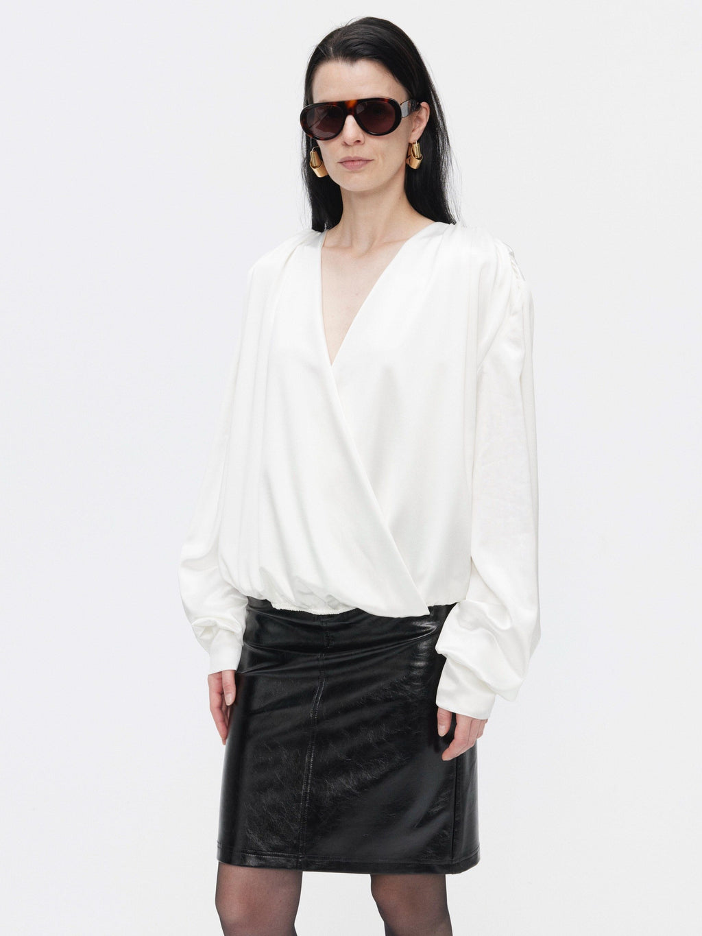 BUZHOU Cooling Acetate Minimalist Loose V-neck Elastic Cuff Women Long Sleeve Blouses