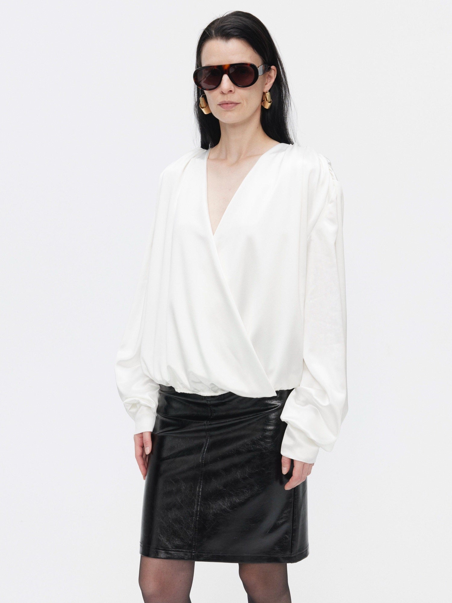 BUZHOU Cooling Acetate Minimalist Loose V-neck Elastic Cuff Women Long Sleeve Blouses
