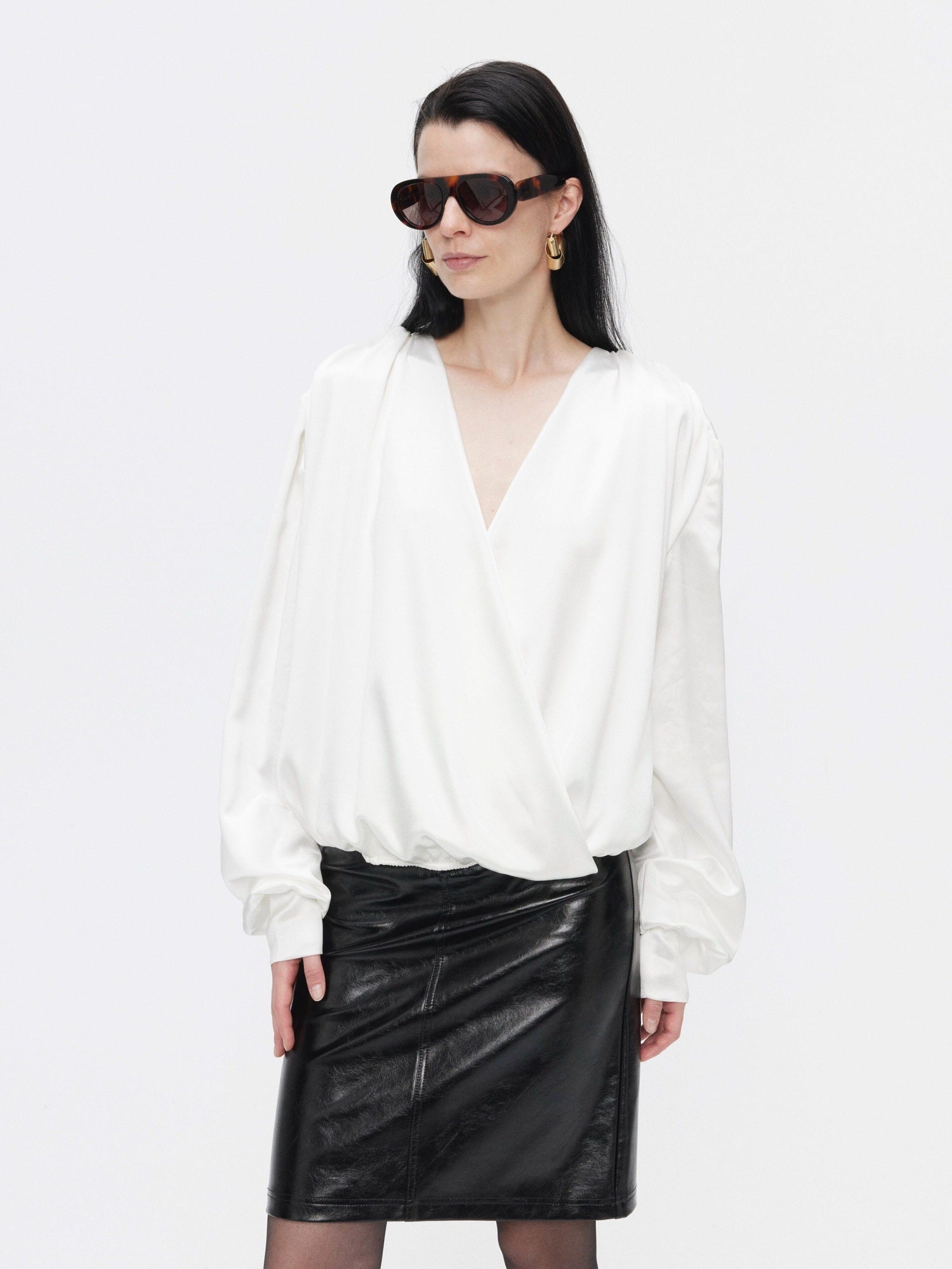 BUZHOU Cooling Acetate Minimalist Loose V-neck Elastic Cuff Women Long Sleeve Blouses