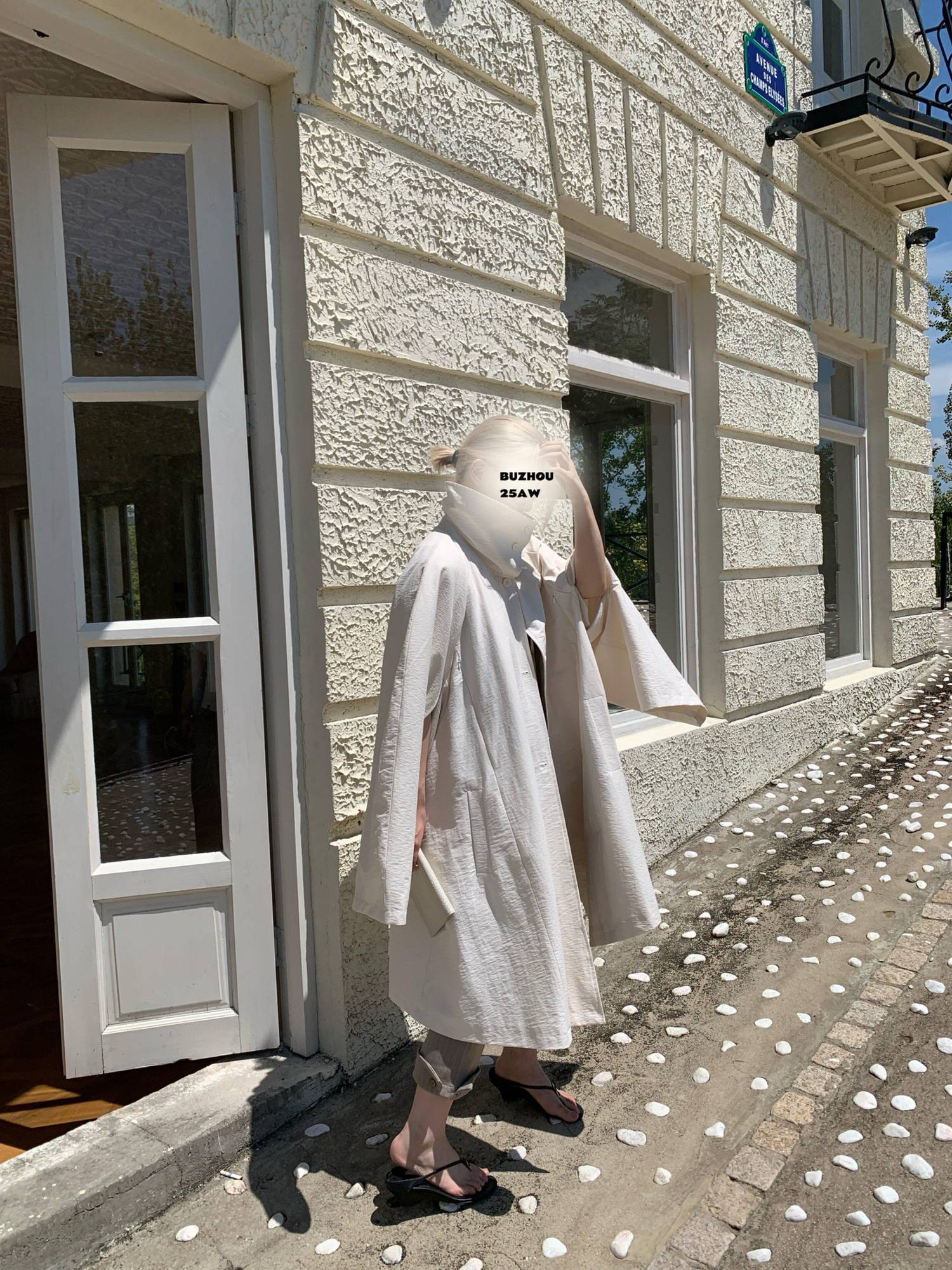 BUZHOU Cotton Blend Commuter Loose Fit A Line Midi Single Breasted Beige Trench Coats