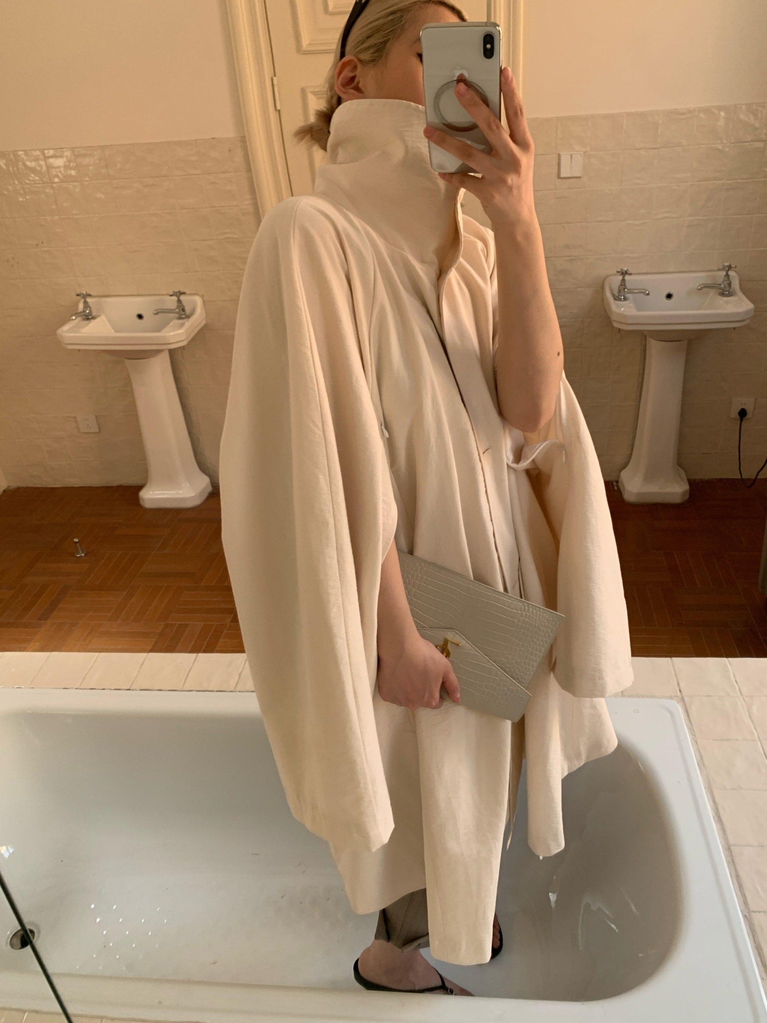 BUZHOU Cotton Blend Commuter Loose Fit A Line Midi Single Breasted Beige Trench Coats