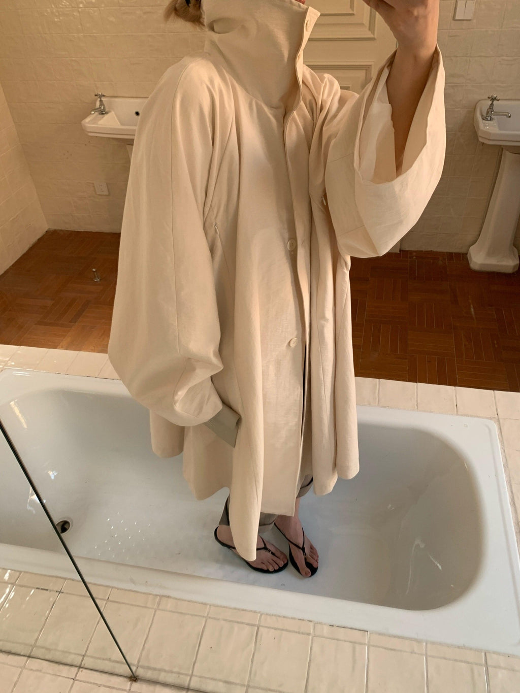 BUZHOU Cotton Blend Commuter Loose Fit A Line Midi Single Breasted Beige Trench Coats
