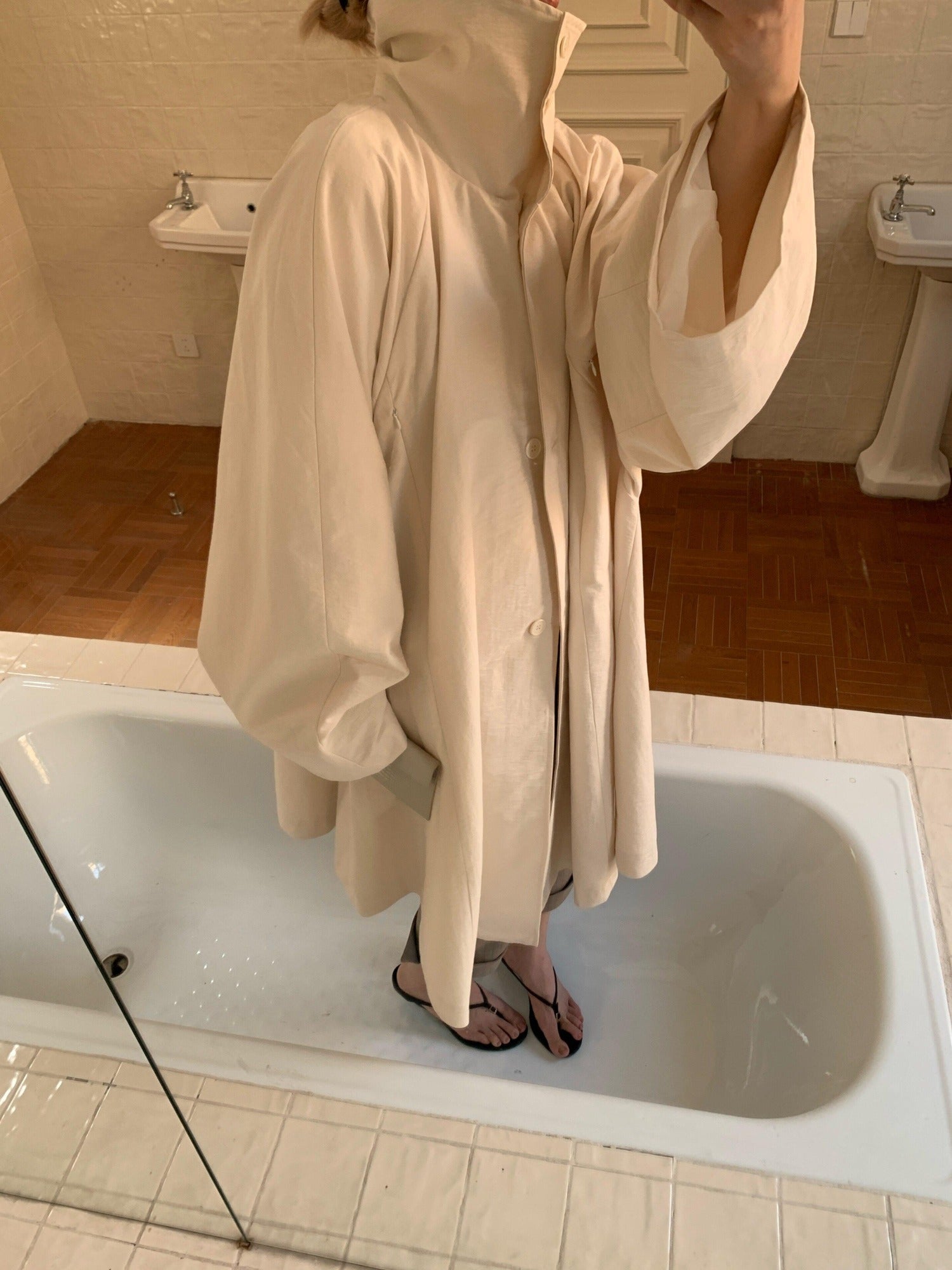 BUZHOU Cotton Blend Commuter Loose Fit A Line Midi Single Breasted Beige Trench Coats