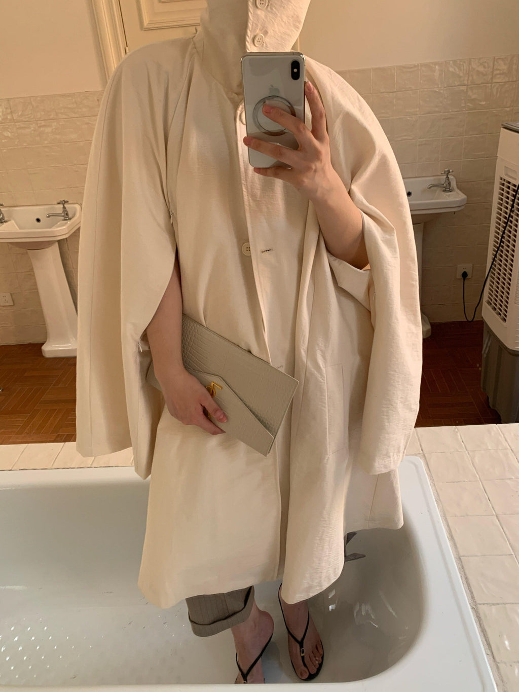 BUZHOU Cotton Blend Commuter Loose Fit A Line Midi Single Breasted Beige Trench Coats
