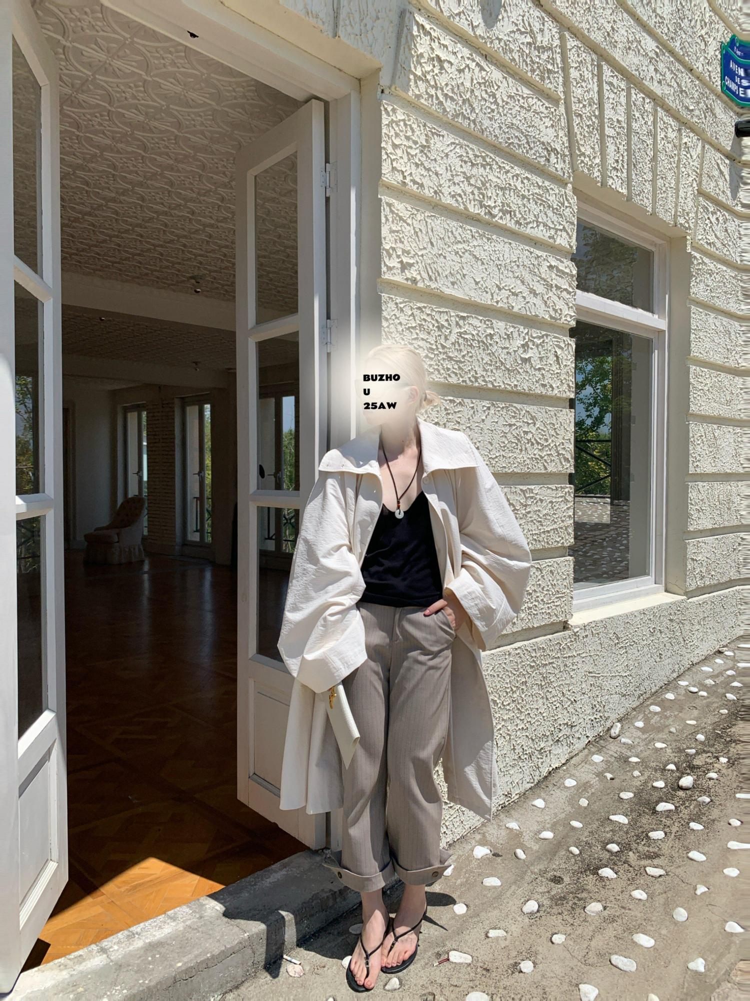 BUZHOU Cotton Blend Commuter Loose Fit A Line Midi Single Breasted Beige Trench Coats