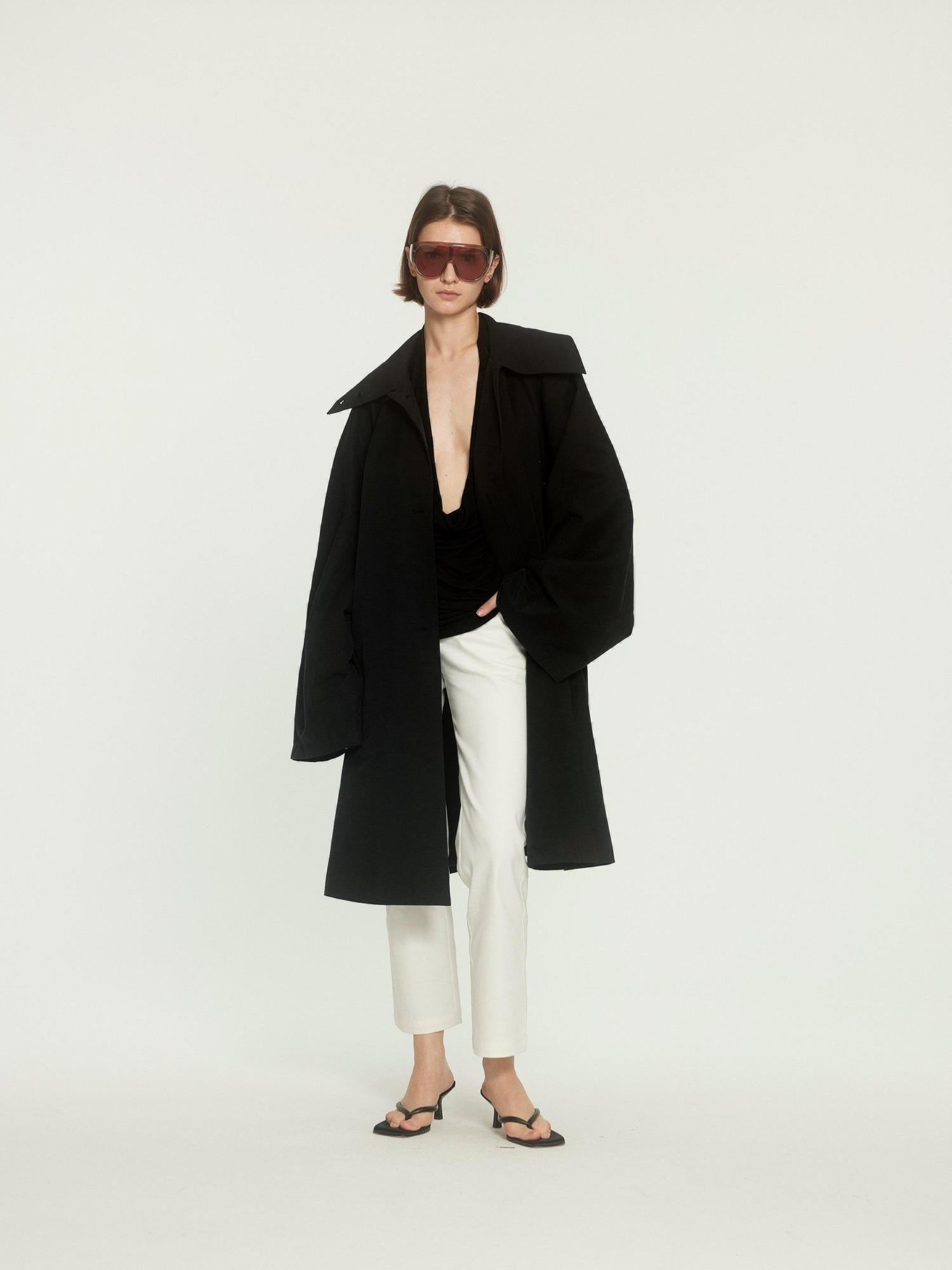 BUZHOU Cotton Blend High Collar Midlength Straight Fit Commuter Black Trench Coats