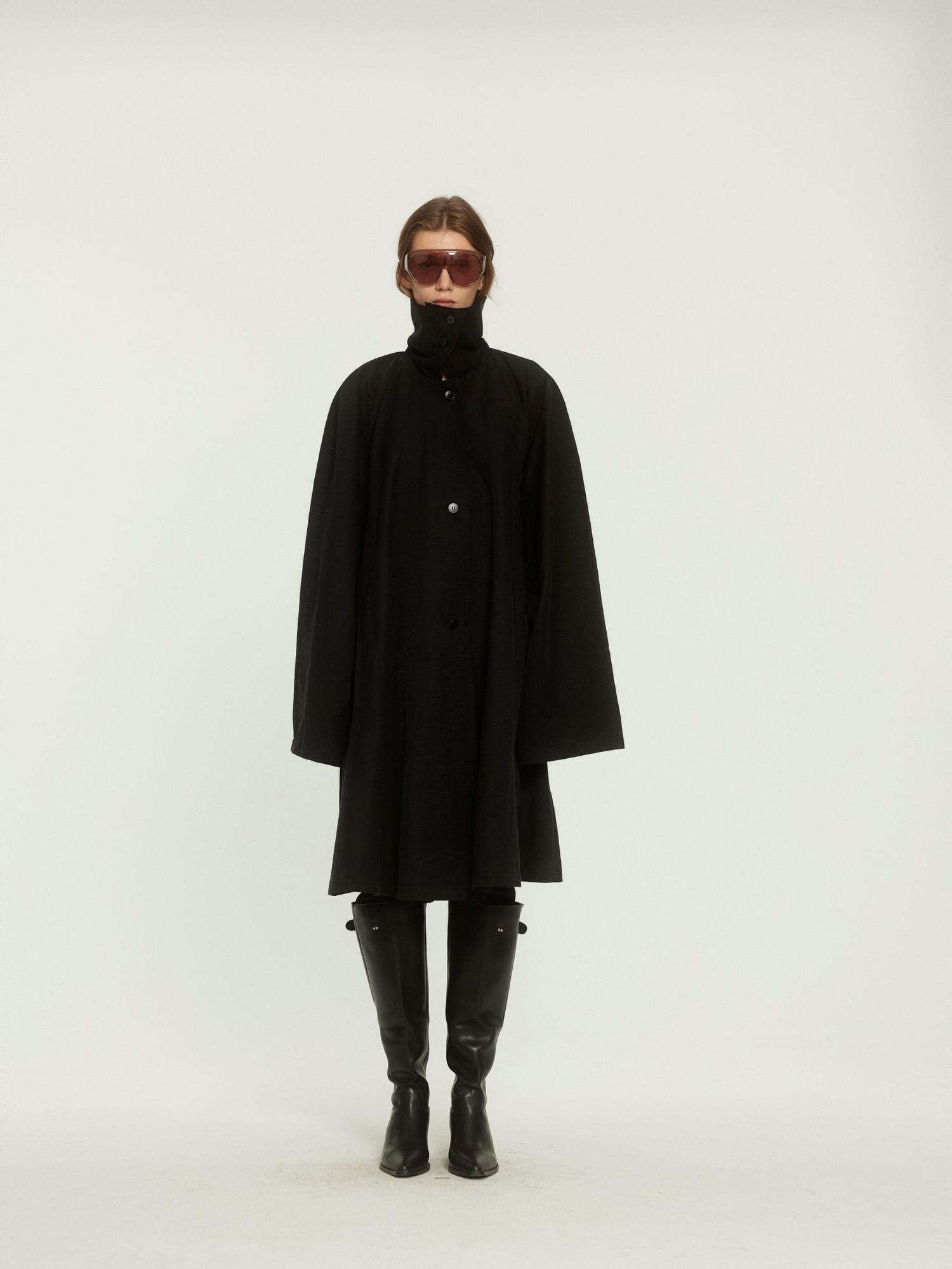 BUZHOU Cotton Blend High Collar Midlength Straight Fit Commuter Black Trench Coats