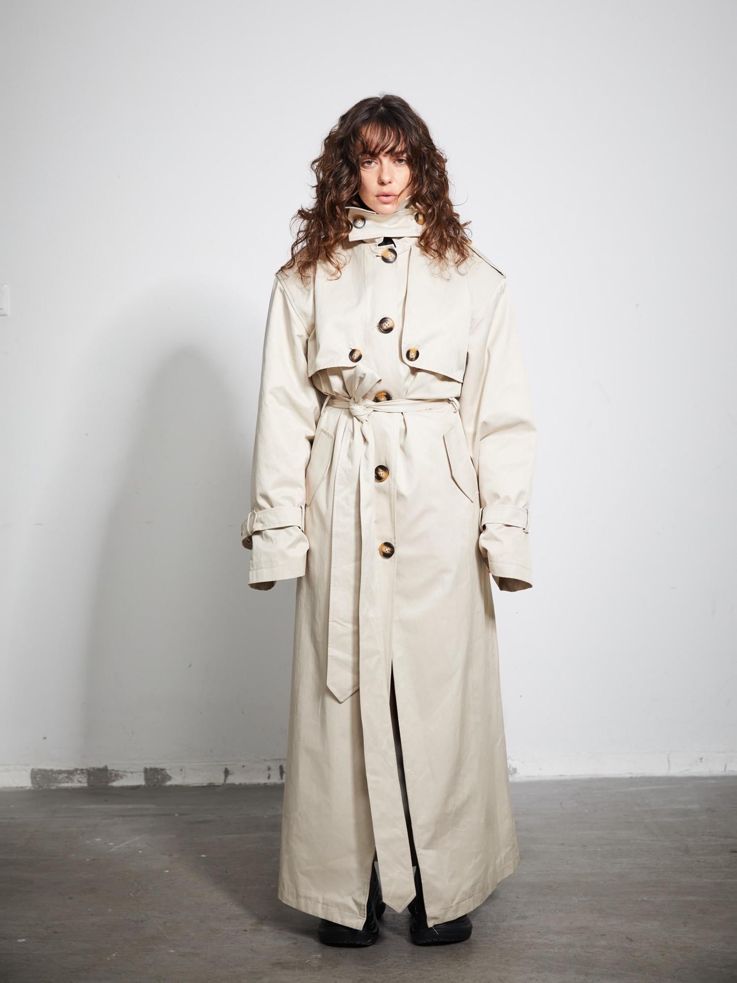 BUZHOU Cotton Double Breasted Long Suit Collar Office Commuter Beige Trench Coats