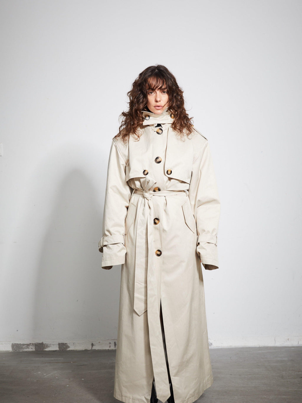 BUZHOU Cotton Double Breasted Long Suit Collar Office Commuter Beige Trench Coats
