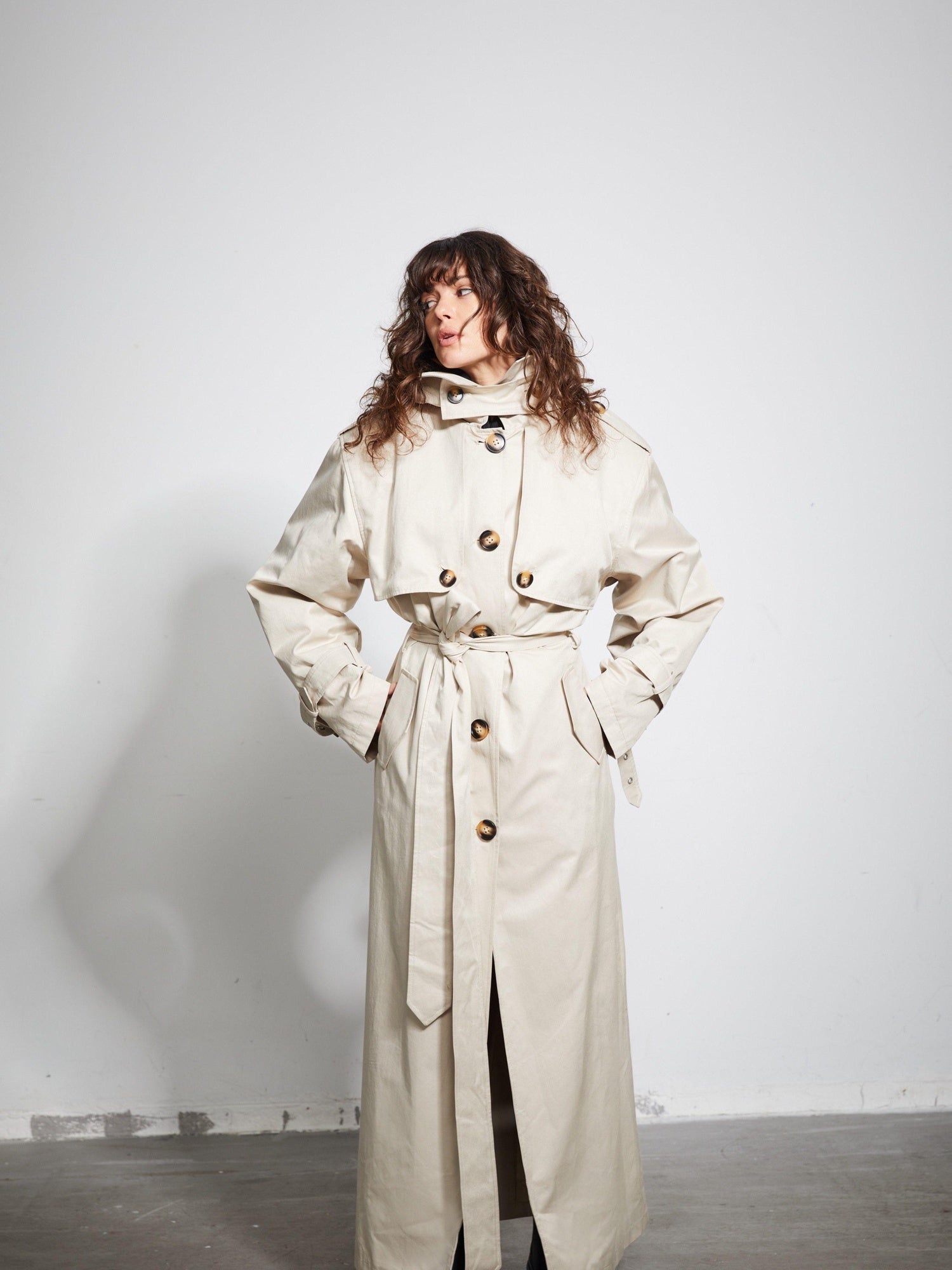 BUZHOU Cotton Double Breasted Long Suit Collar Office Commuter Beige Trench Coats