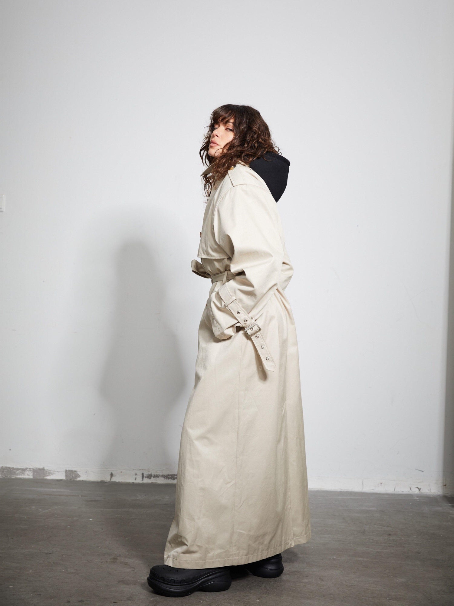 BUZHOU Cotton Double Breasted Long Suit Collar Office Commuter Beige Trench Coats