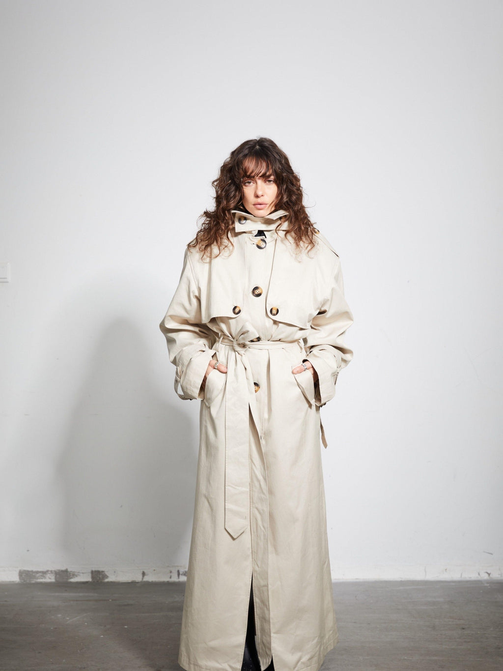 BUZHOU Cotton Double Breasted Long Suit Collar Office Commuter Beige Trench Coats