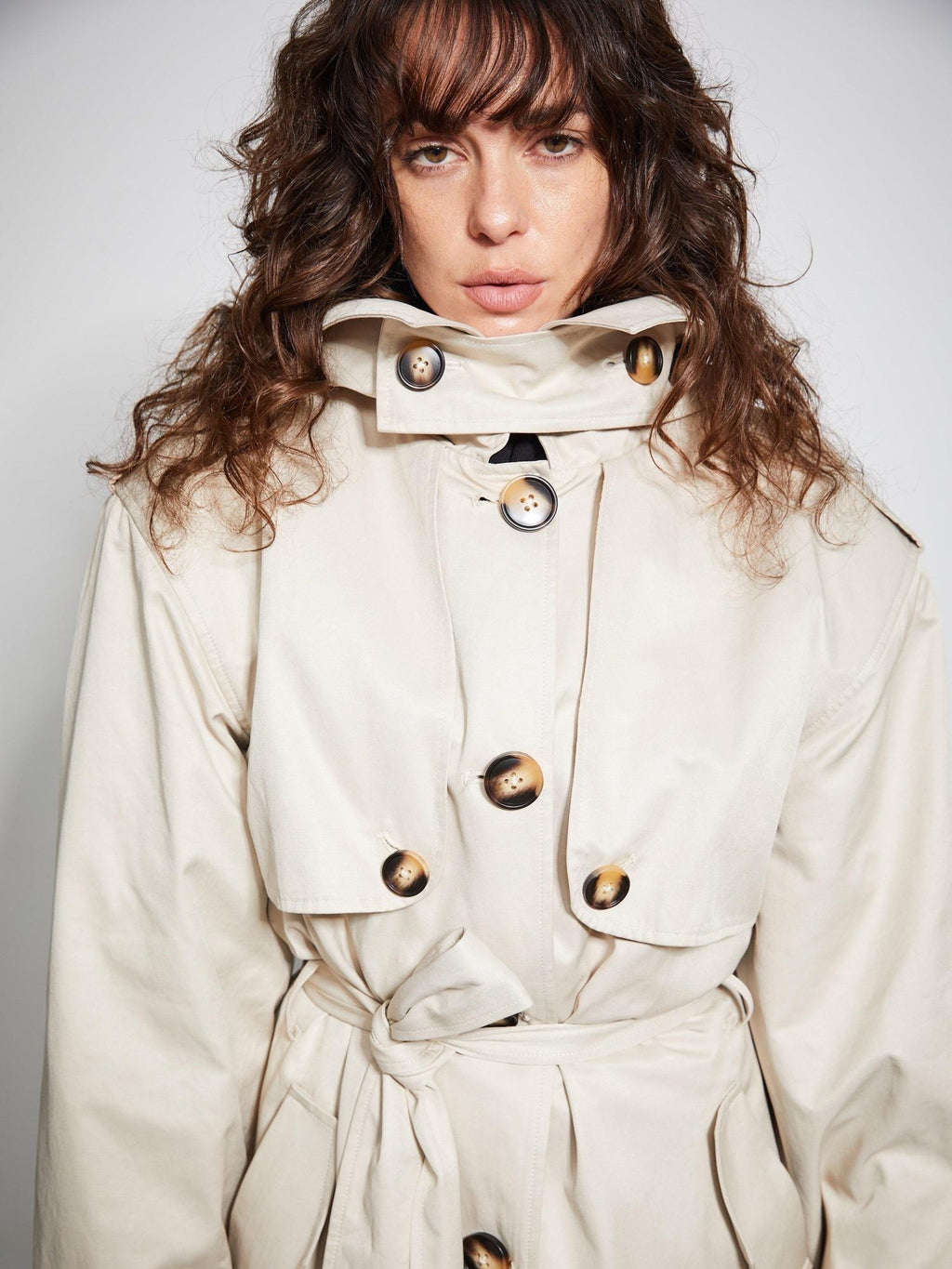 BUZHOU Cotton Double Breasted Long Suit Collar Office Commuter Beige Trench Coats