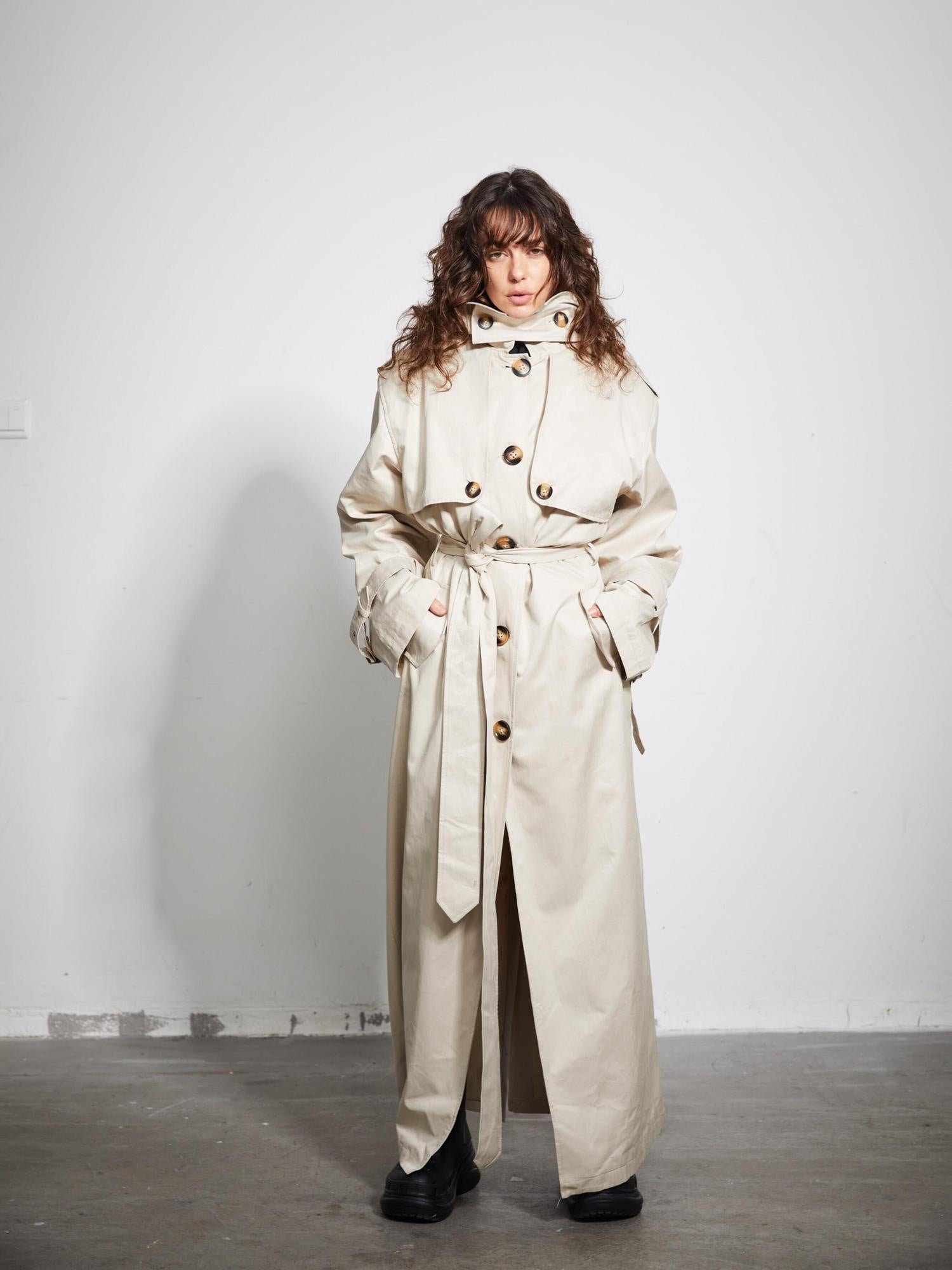BUZHOU Cotton Double Breasted Long Suit Collar Office Commuter Beige Trench Coats