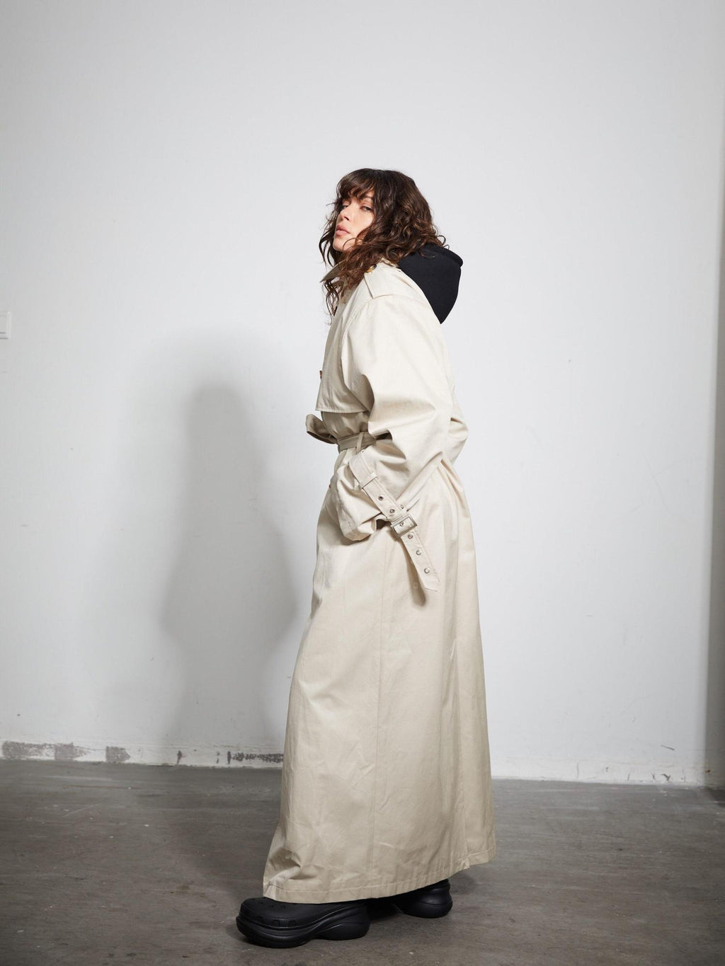 BUZHOU Cotton Double Breasted Long Suit Collar Office Commuter Beige Trench Coats