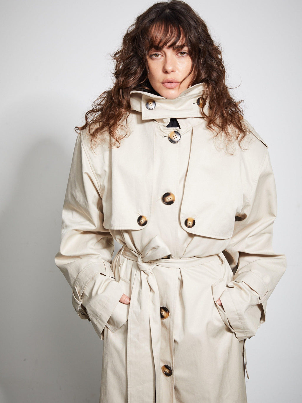 BUZHOU Cotton Double Breasted Long Suit Collar Office Commuter Beige Trench Coats