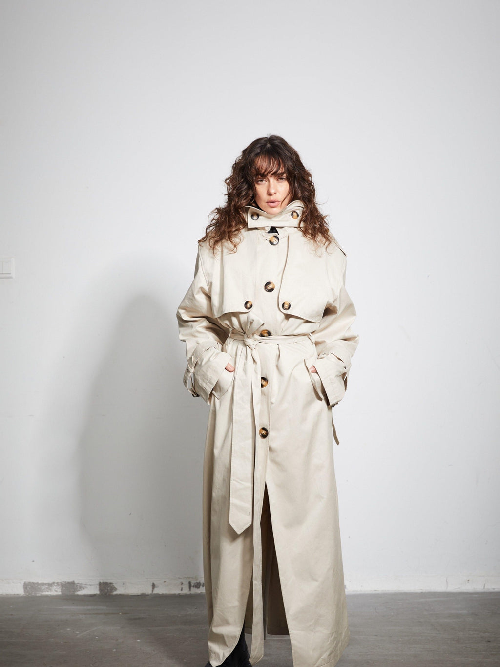 BUZHOU Cotton Double Breasted Long Suit Collar Office Commuter Beige Trench Coats