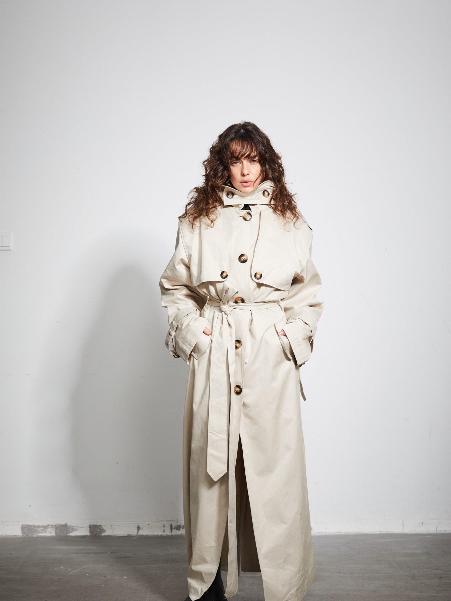 BUZHOU Cotton Double Breasted Long Suit Collar Office Commuter Beige Trench Coats