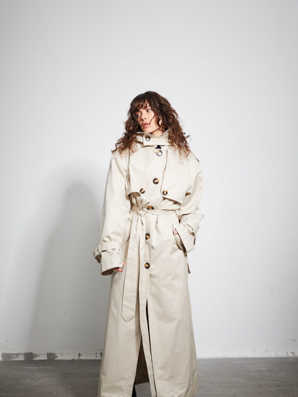 BUZHOU Cotton Double Breasted Long Suit Collar Office Commuter Beige Trench Coats