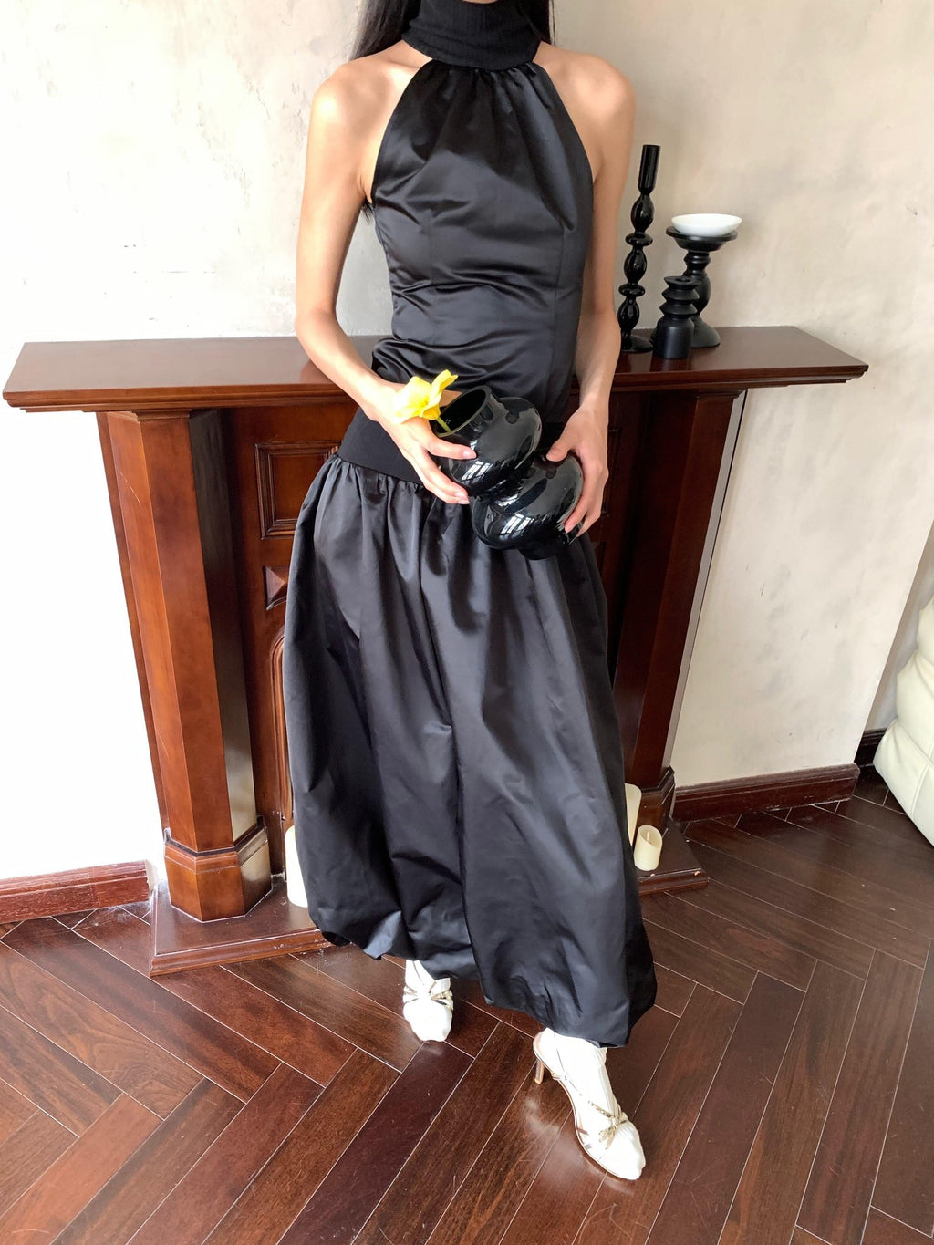 BUZHOU Cotton Knit French High Waist Strapless A Line Tulip Top & Skirt Sets