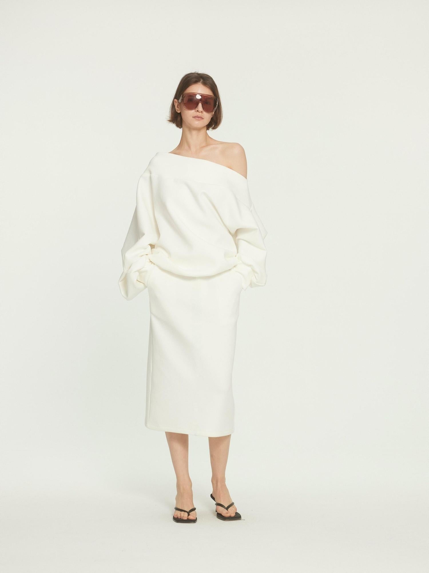 BUZHOU Cotton Long Sleeve Minimal One Shoulder Women Casual Top & Skirt Sets