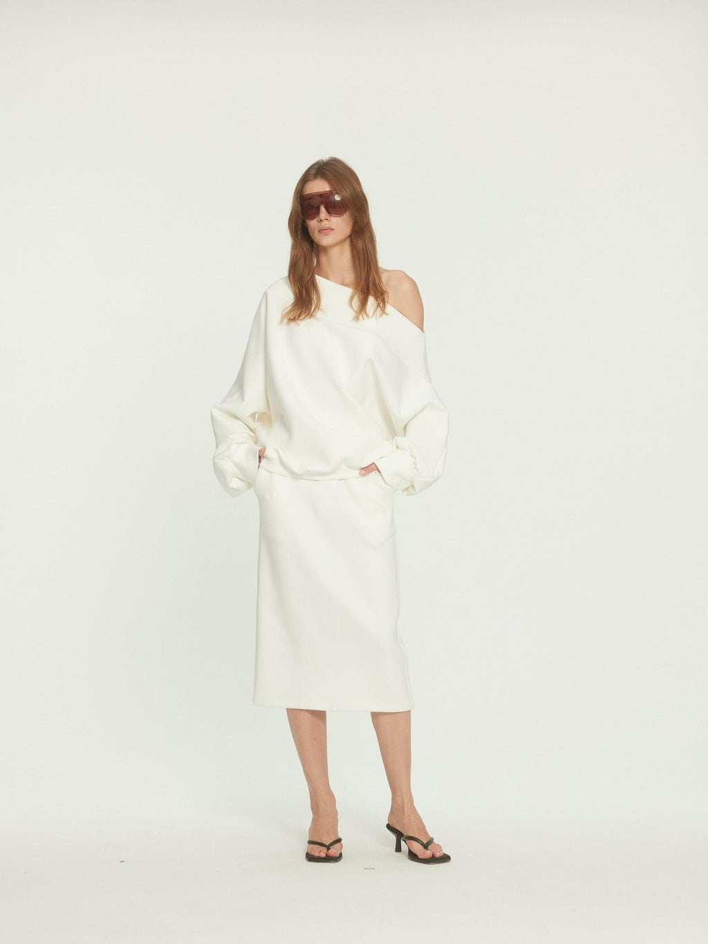 BUZHOU Cotton Long Sleeve Minimal One Shoulder Women Casual Top & Skirt Sets