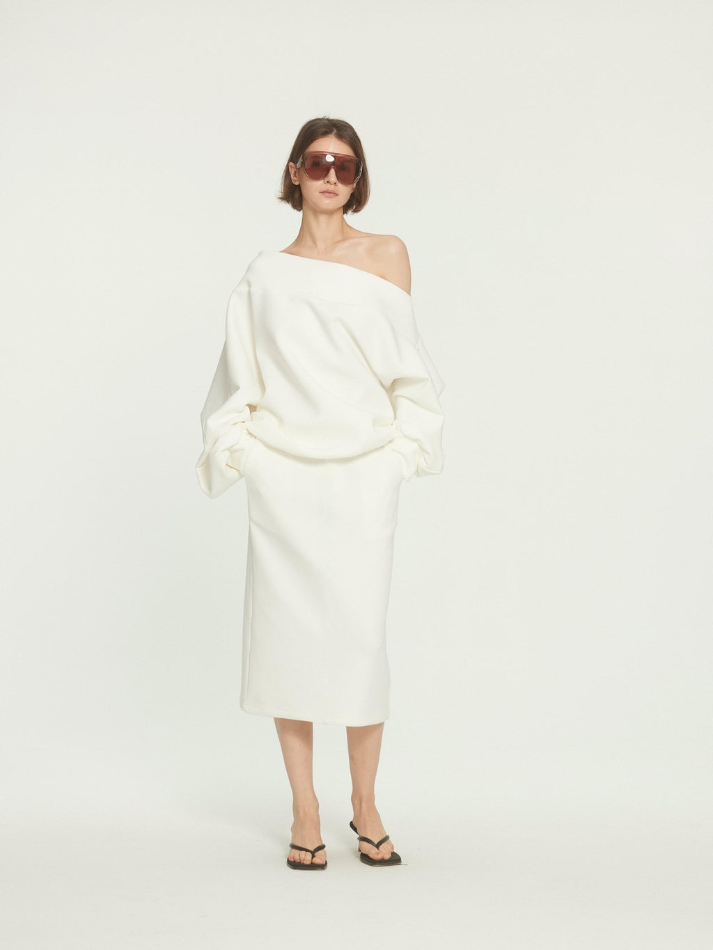 BUZHOU Cotton Long Sleeve Minimal One Shoulder Women Casual Top & Skirt Sets