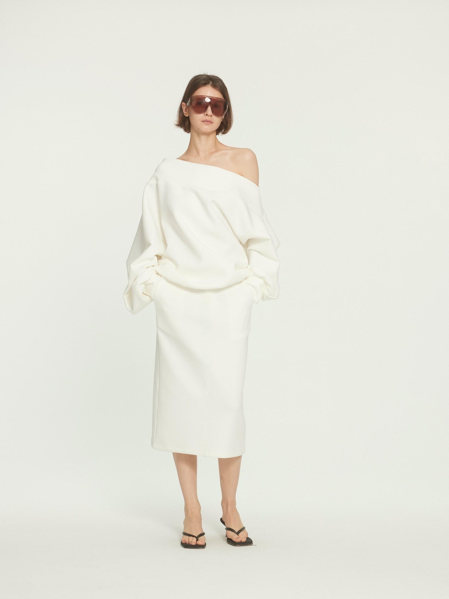 BUZHOU Cotton Long Sleeve Minimal One Shoulder Women Casual Top & Skirt Sets