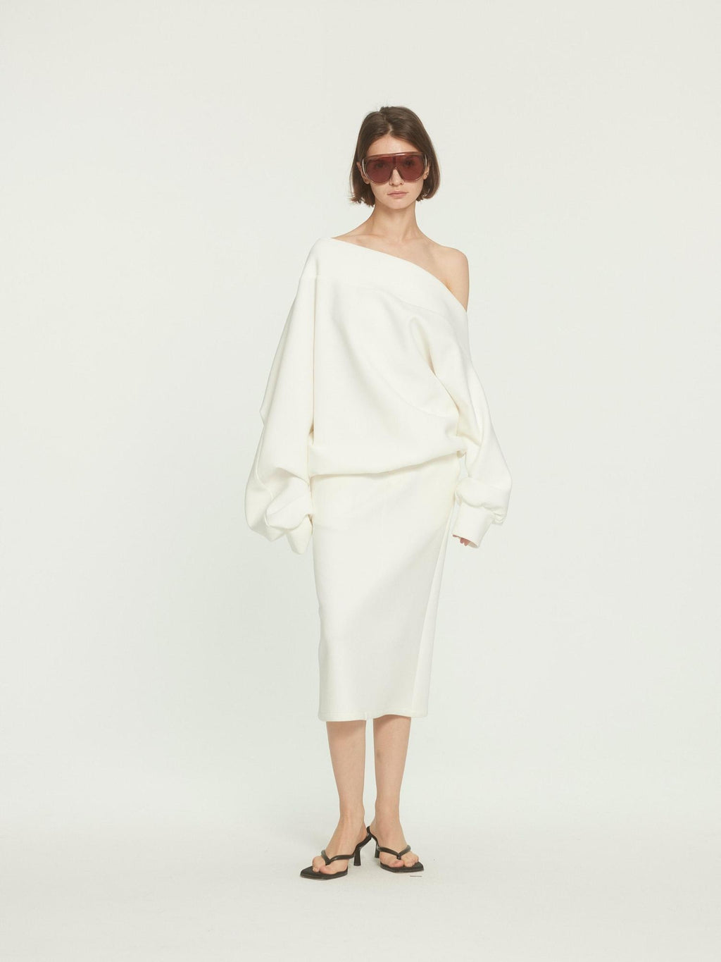 BUZHOU Cotton Long Sleeve Minimal One Shoulder Women Casual Top & Skirt Sets